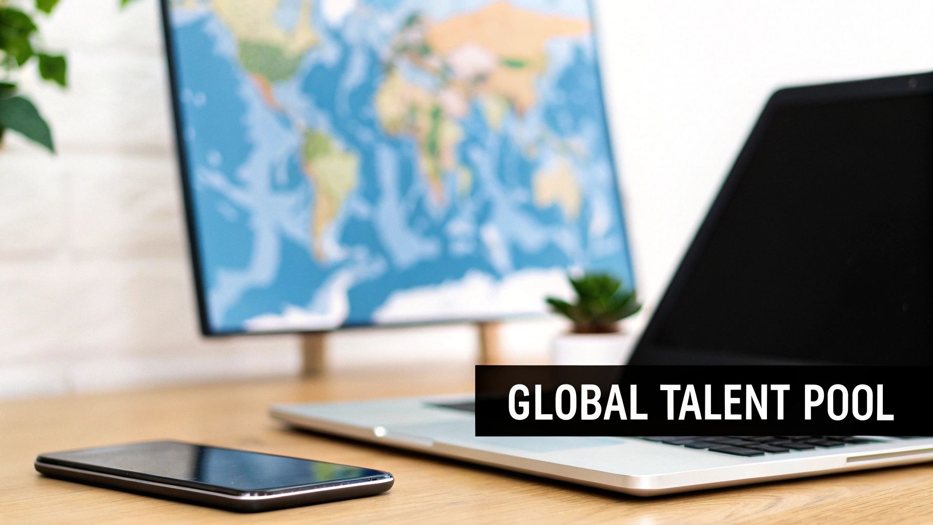 A desk with a laptop, smartphone, and a world map in the background, promoting global talent.