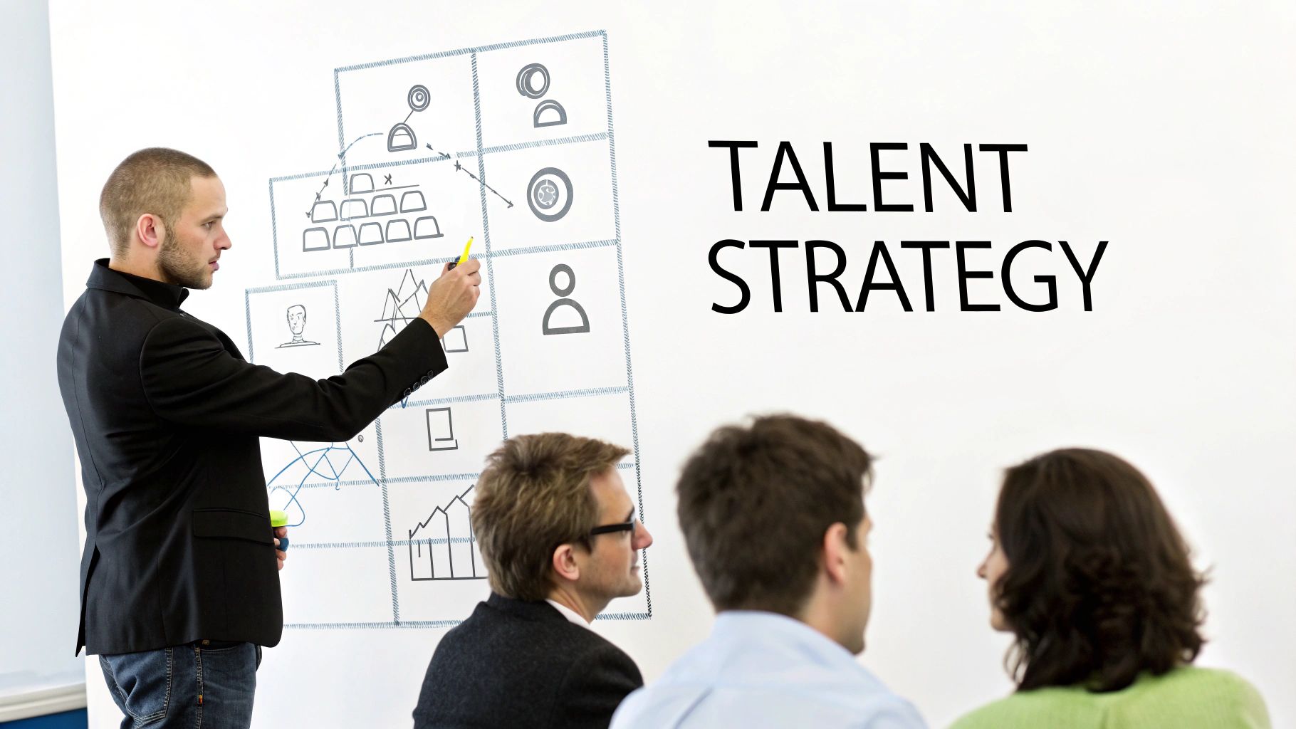 A man presenting a 'Talent Strategy' on a whiteboard with diagrams to a small audience.