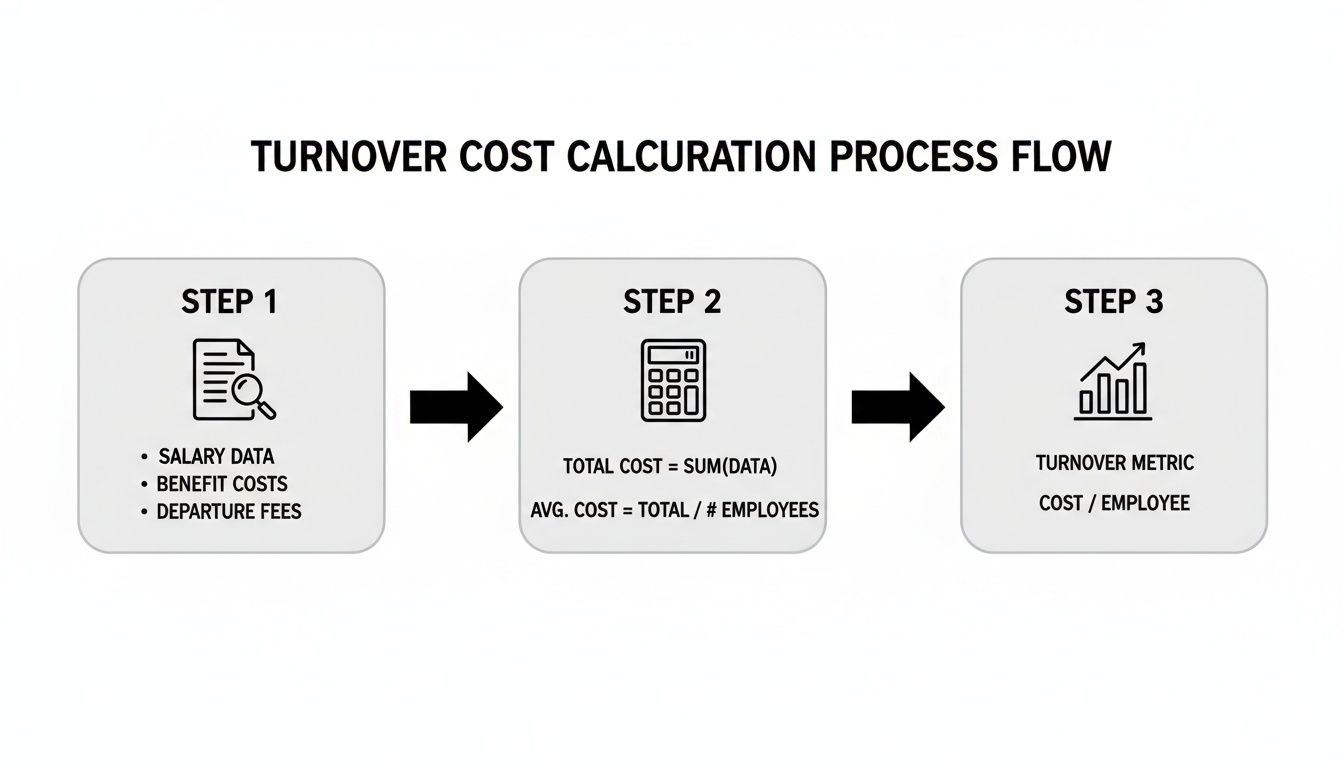 A three-step process flow diagram illustrating employee turnover cost calculation, from data input to metric output.