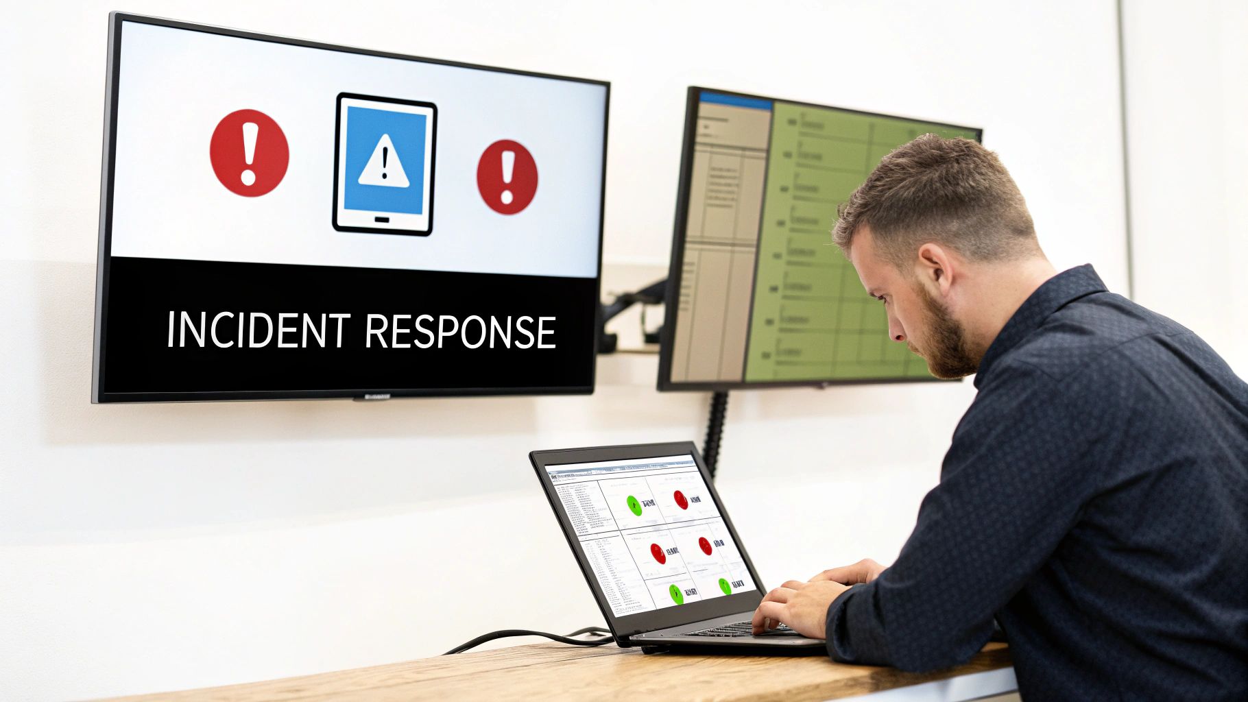 A man works on a laptop in an IT control room with "INCIDENT RESPONSE" on a large screen.