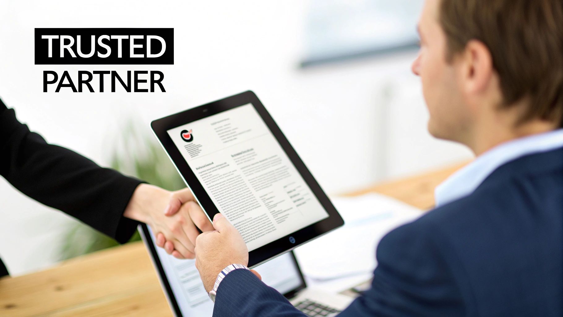 Business professionals shaking hands over tablet displaying contract, representing trusted partnership agreement