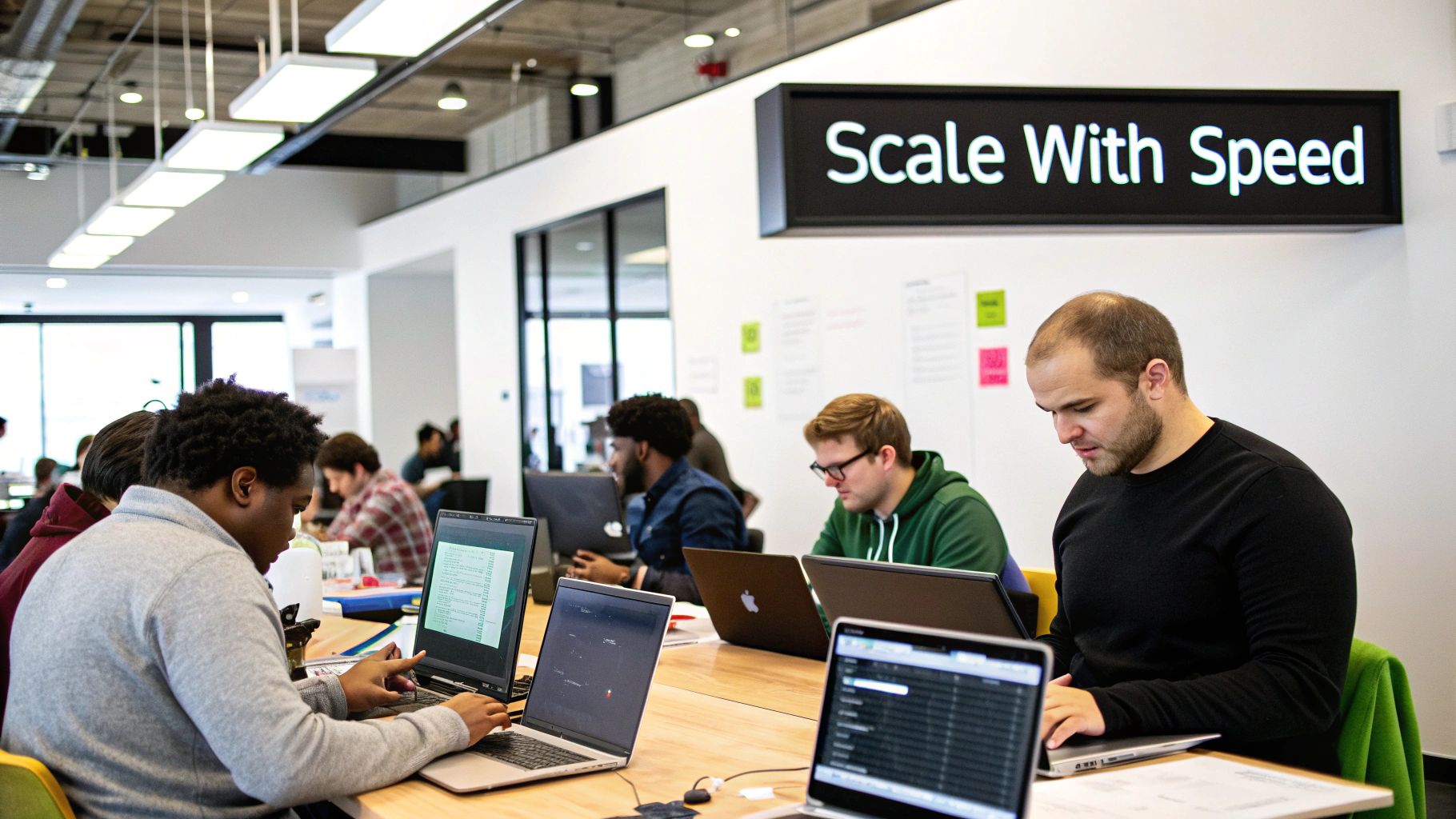 A team of diverse individuals intently working on laptops at a long table in a bright tech office.