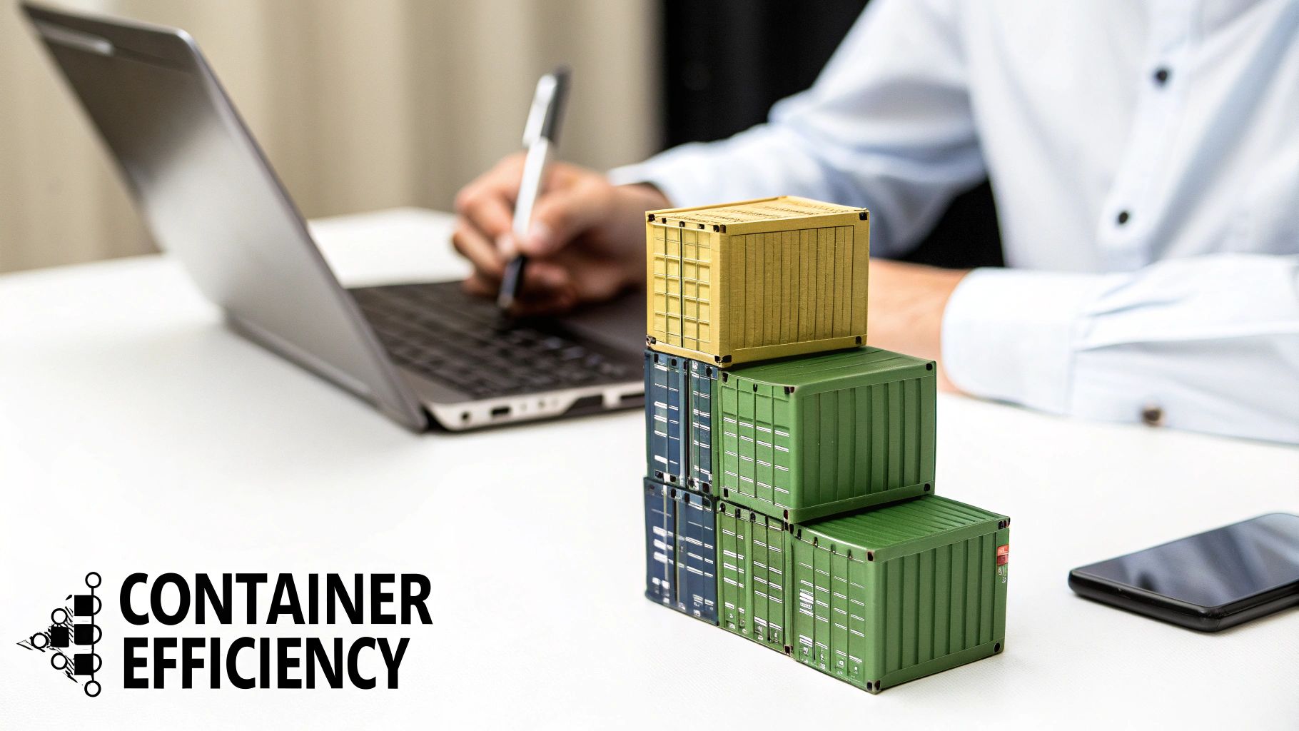 A person works on a laptop next to a stack of colorful shipping containers, symbolizing efficiency.