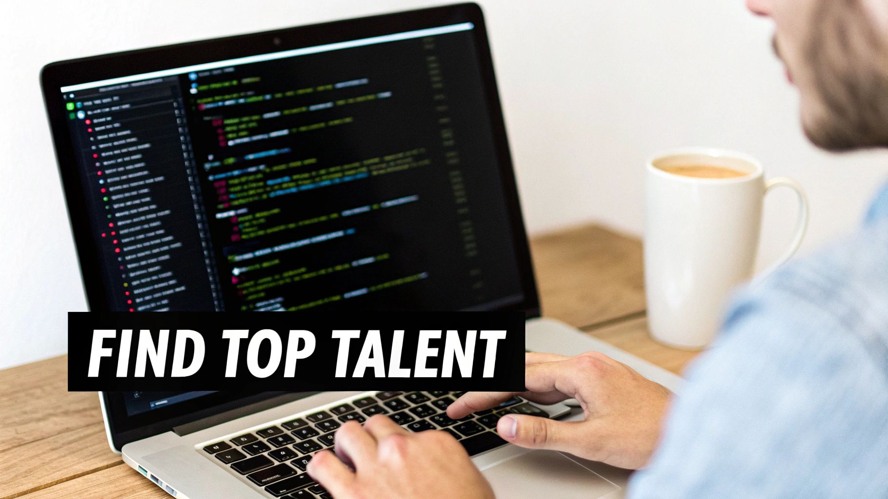 A person typing code on a laptop, a coffee mug nearby, with 'FIND TOP TALENT' text.