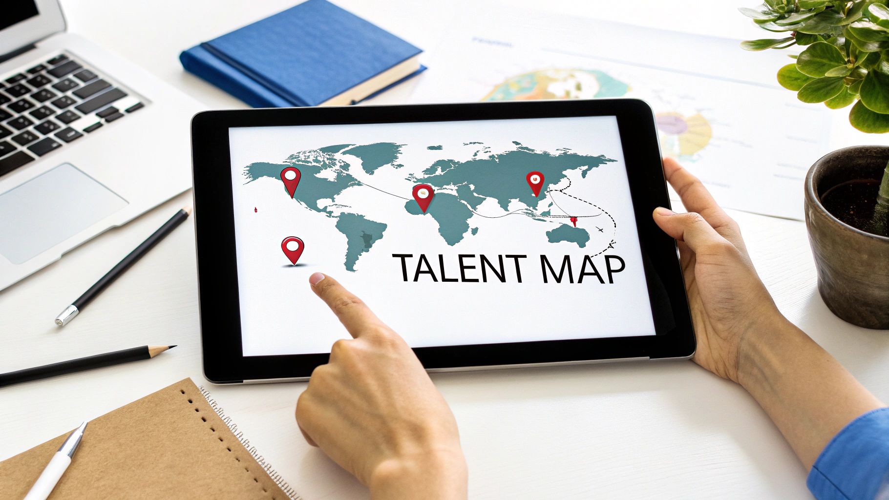 A world map with highlighted tech hubs and connecting lines, symbolizing the global talent network for offshore app development.