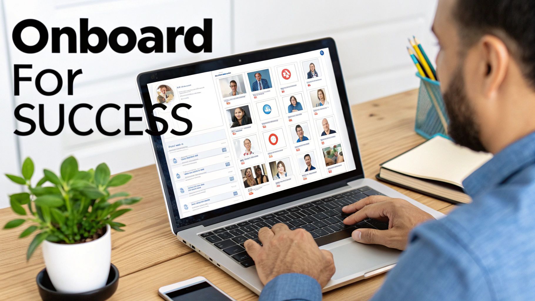 A man types on a laptop showing an onboarding platform, with a plant and phone on a desk.