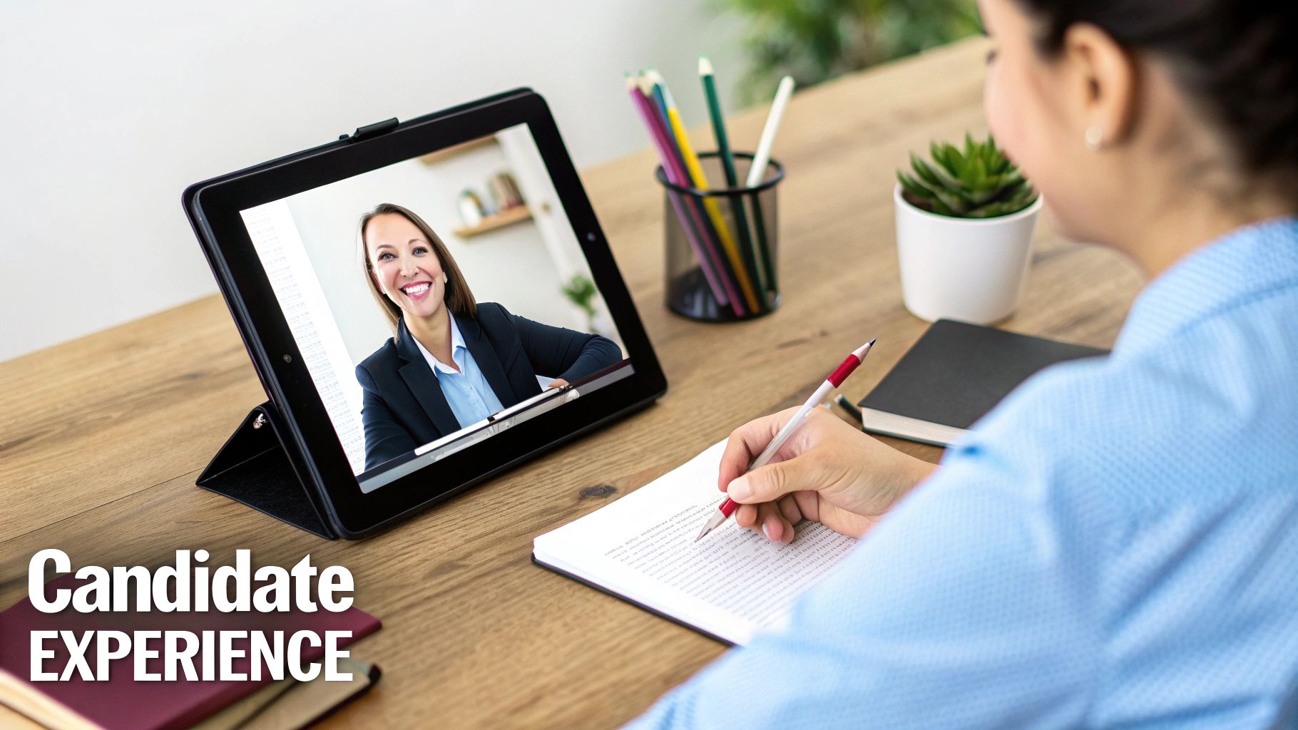 A person takes notes during a video interview with a smiling candidate on a tablet, focusing on candidate experience.