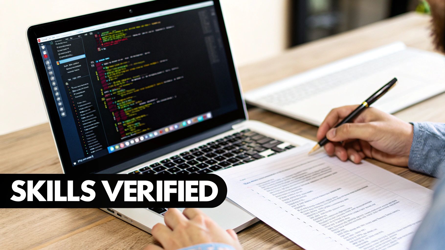 A person works on a laptop displaying code, writing on paper, with a 'SKILLS VERIFIED' overlay.