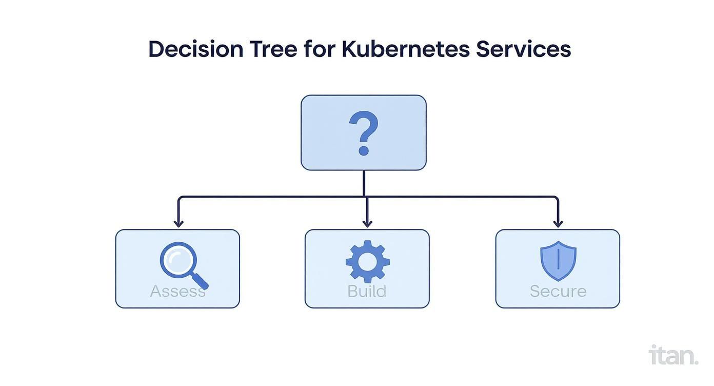 A decision tree diagram for Kubernetes services, showing three main steps: Assess, Build, and Secure.