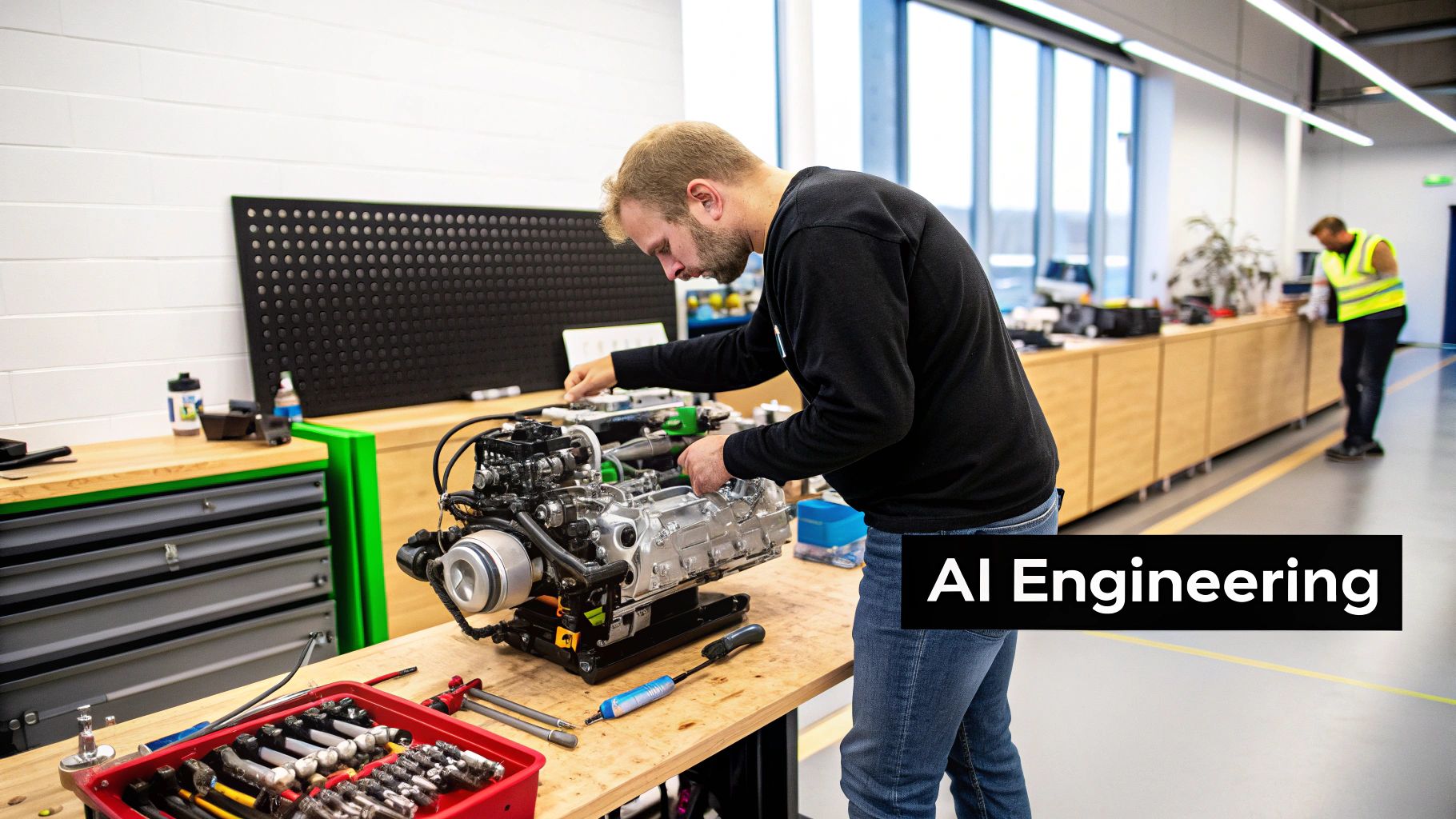 An engineer works on a complex engine assembly in a modern AI engineering workshop.