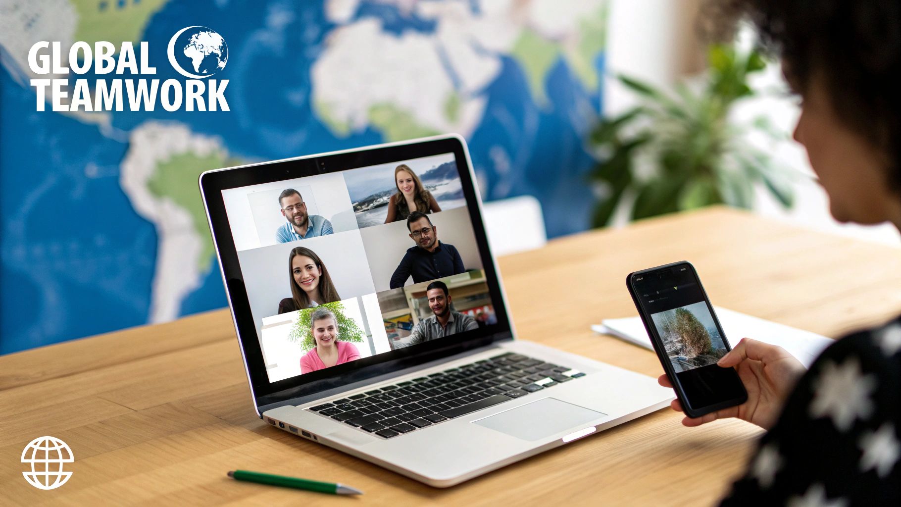 A person on a video call with six colleagues while holding a smartphone, highlighting global teamwork.