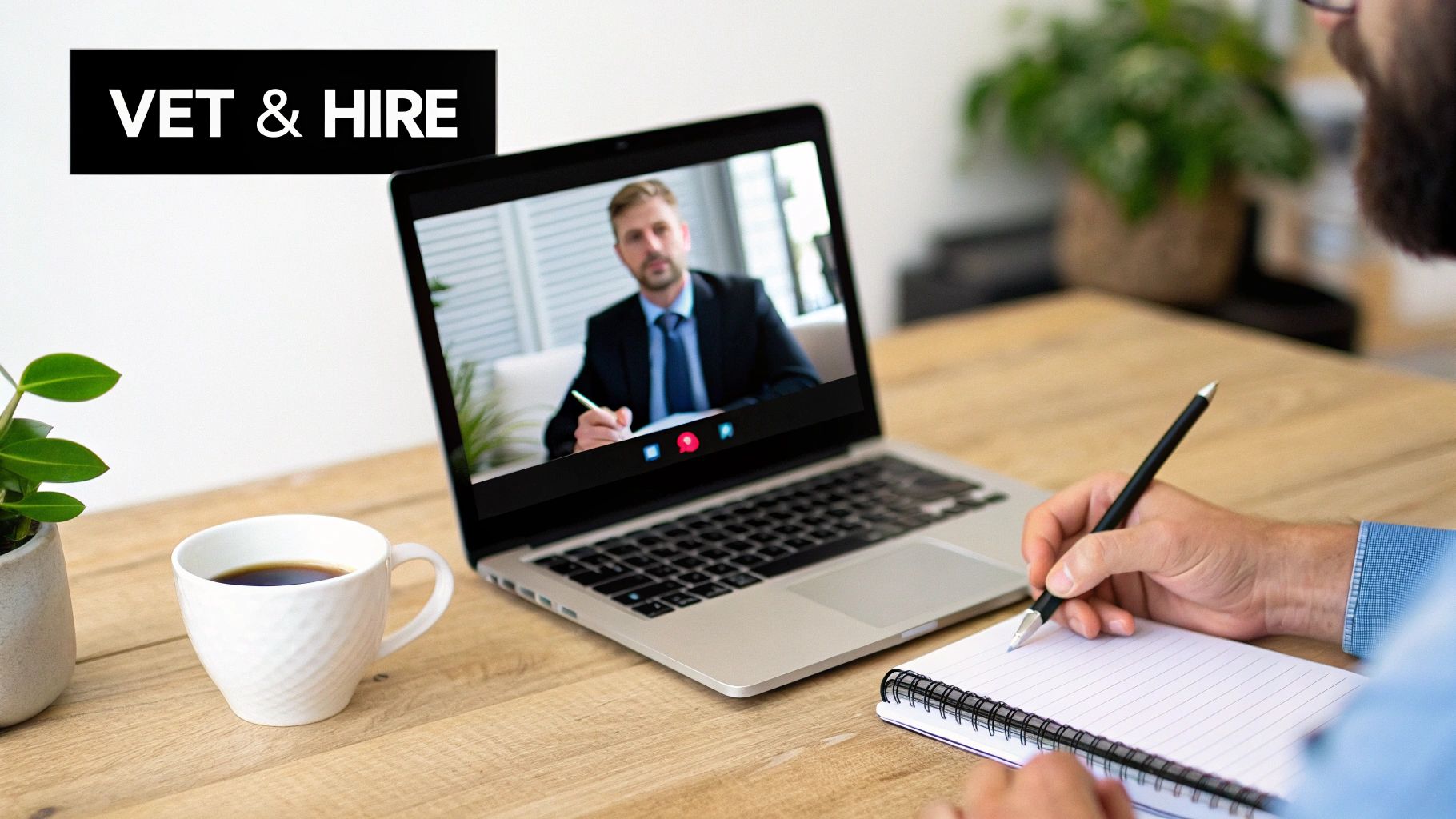 Professional video interview on laptop with person taking notes for remote hiring process