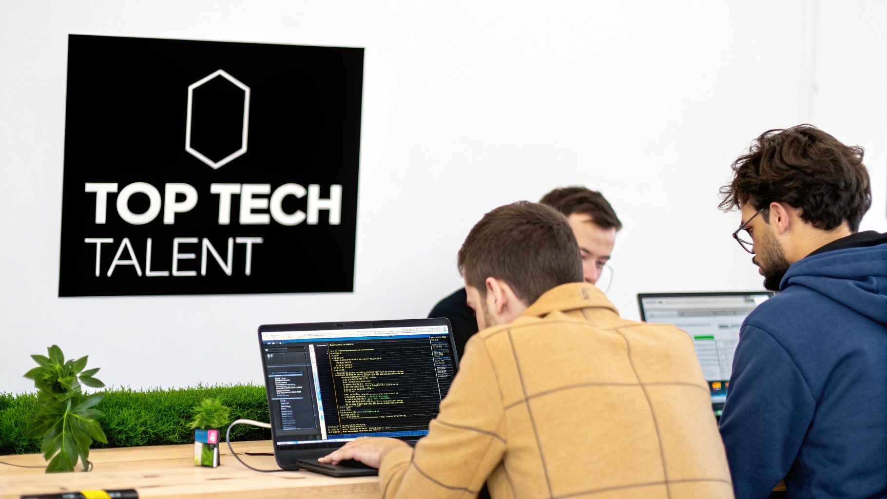 Tech professionals collaborating on coding project at desk under Top Tech Talent sign