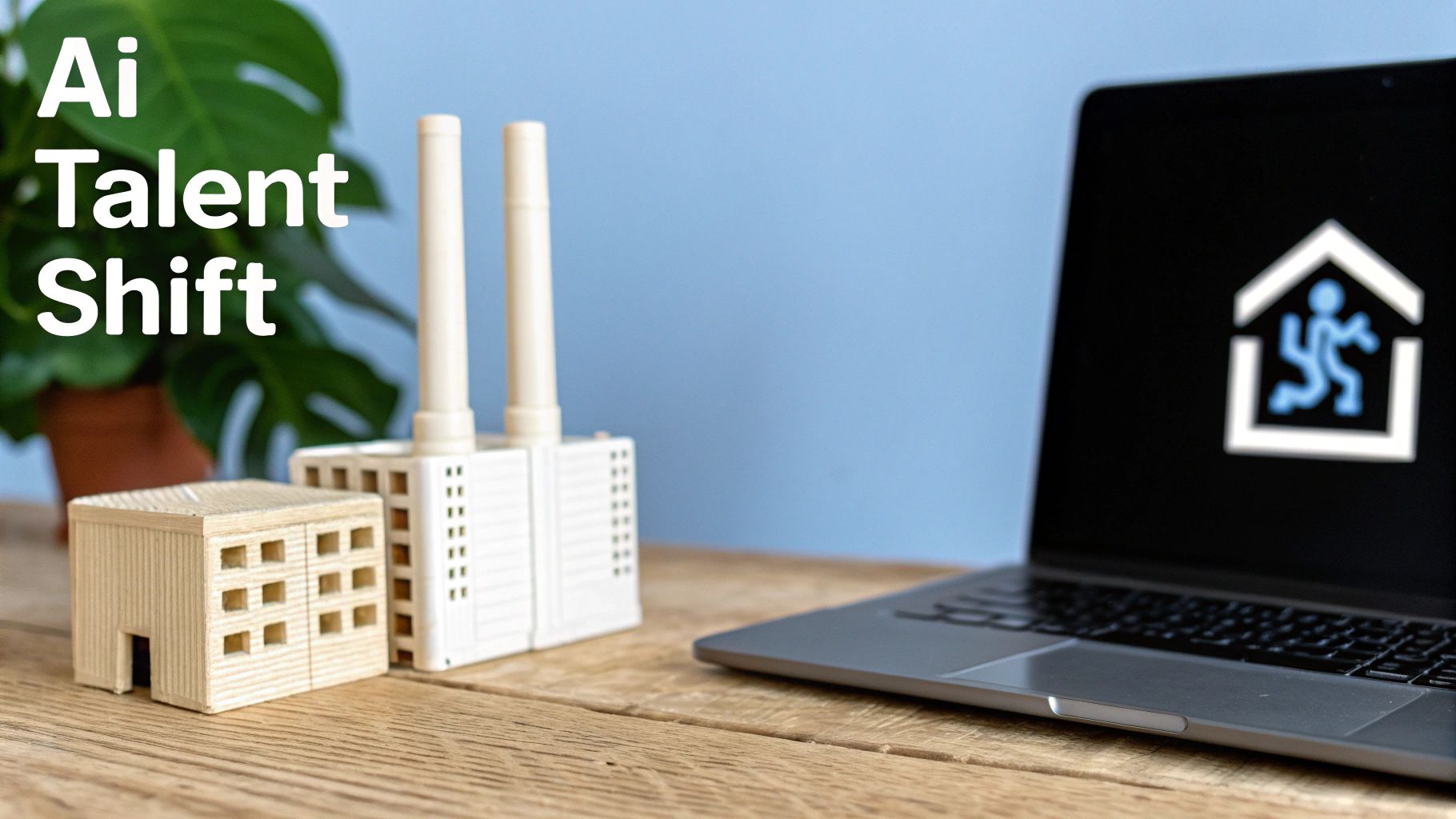 Text 'Ai Talent Shift' with laptop displaying a smart home icon and miniature industrial buildings on a wooden desk.