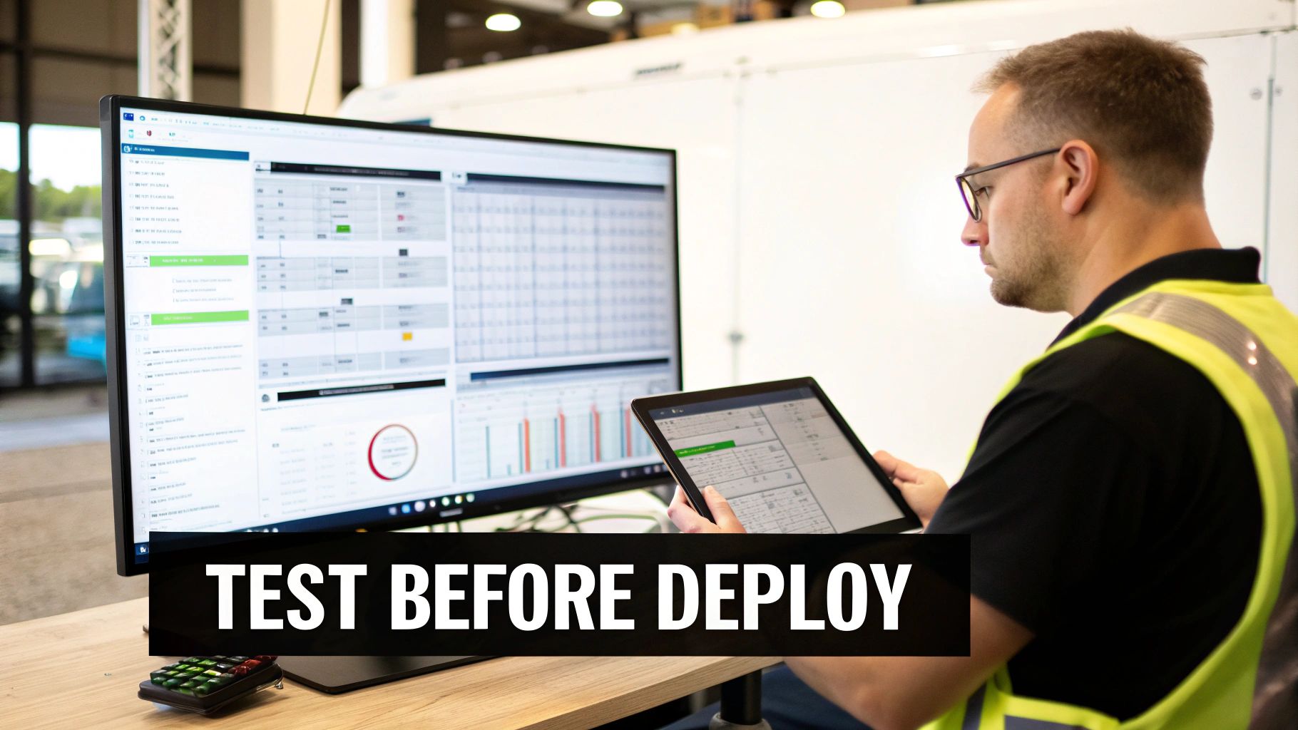 An IT professional in a safety vest tests software on a tablet and monitors a large screen.