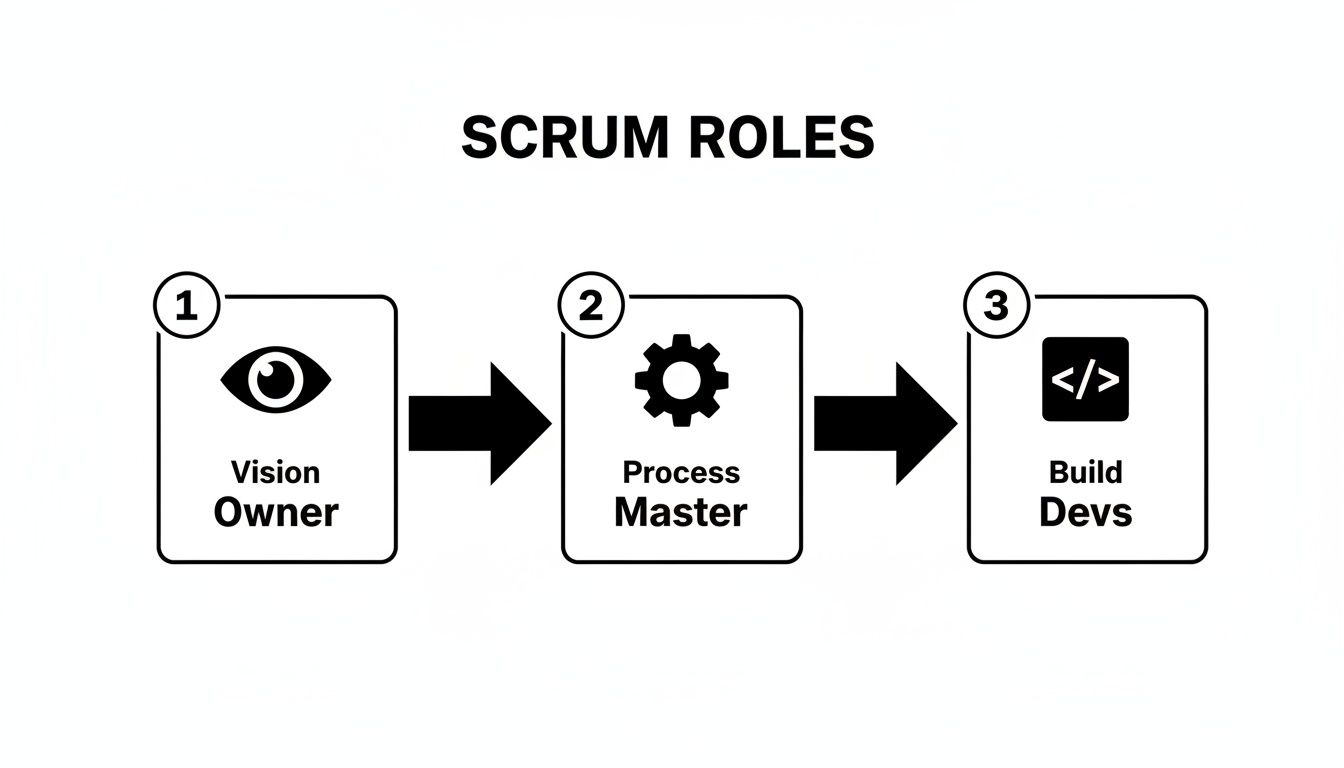 A diagram illustrating three key Scrum roles: Vision Owner, Process Master, and Build Devs.