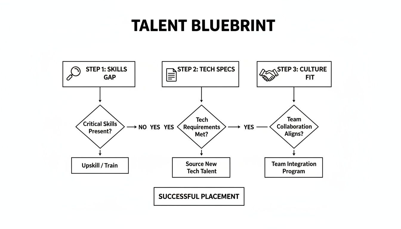 A flowchart titled 'TALENT BLUEPRINT' outlining a three-step process for successful talent placement.