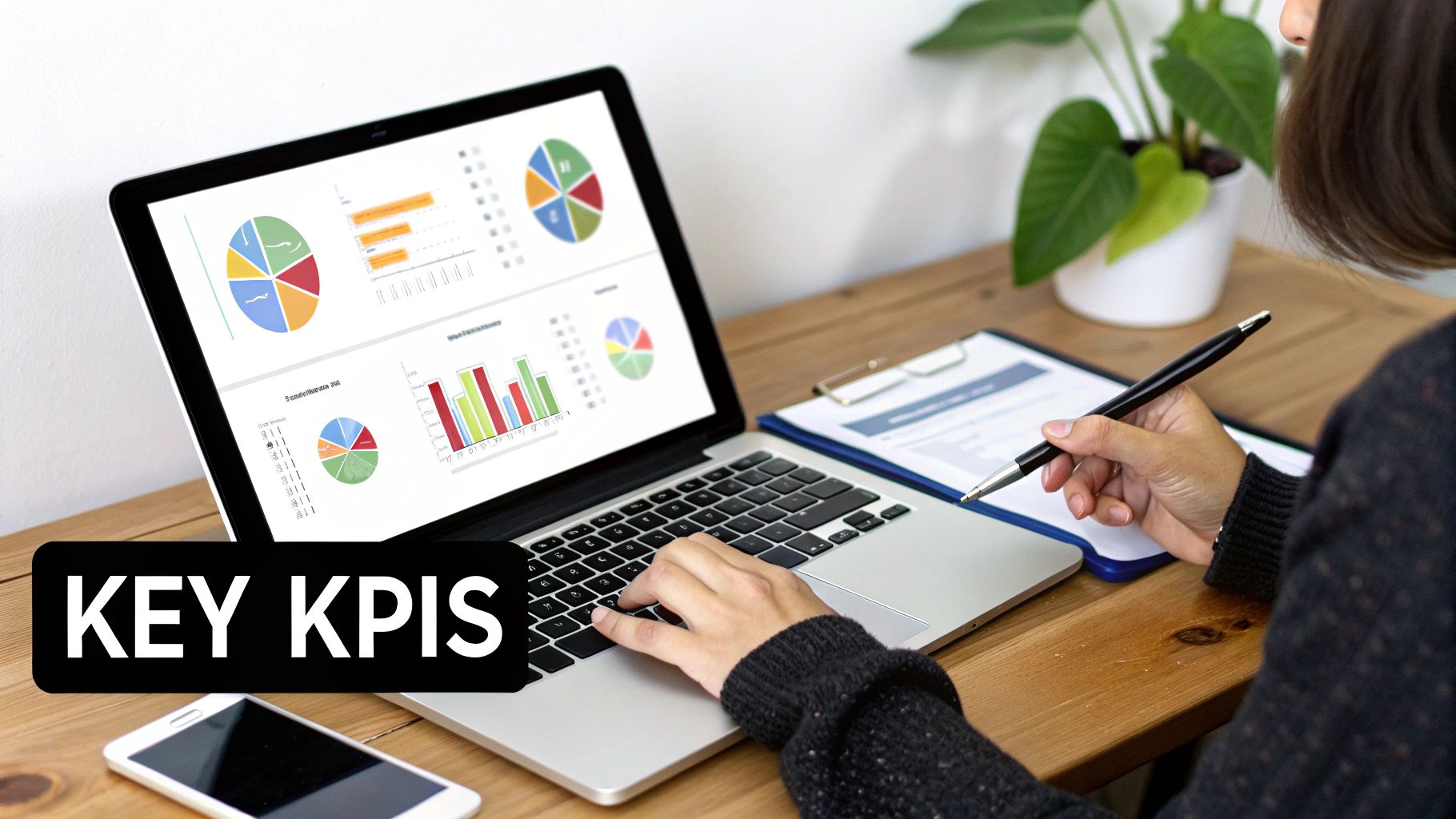 A person works on a laptop displaying key performance indicator (KPI) charts and graphs, with a smartphone and clipboard.