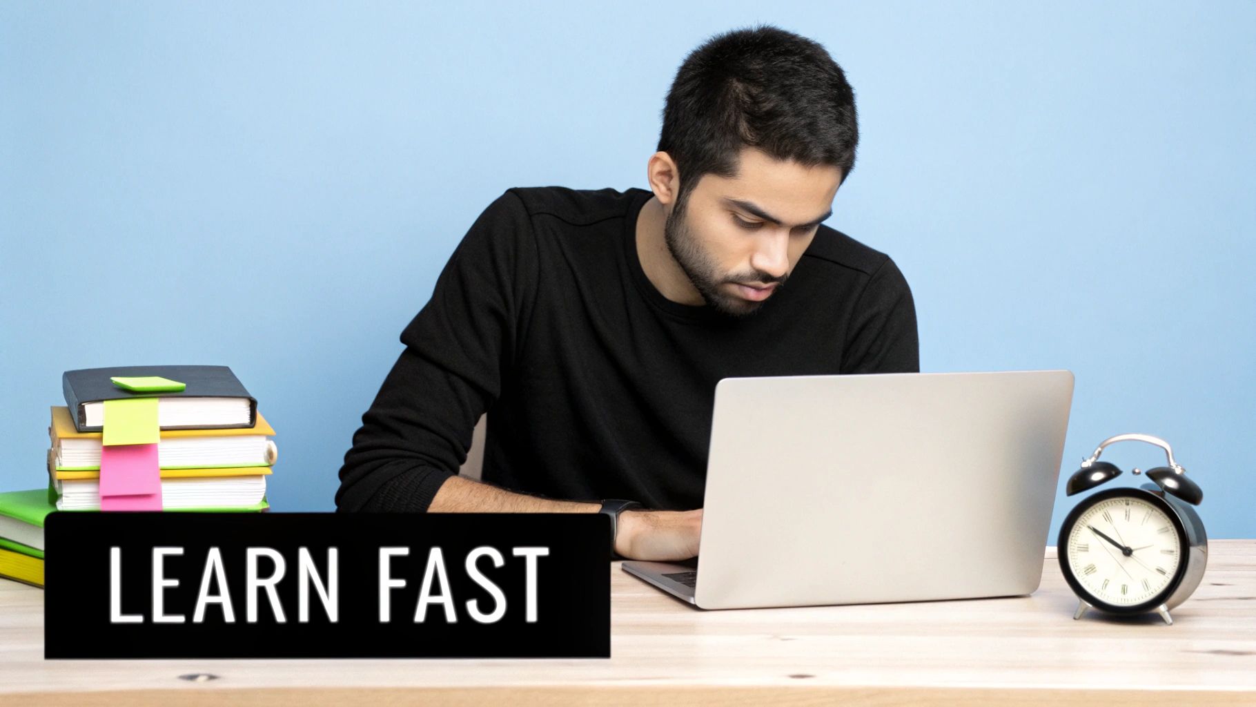 A focused man studying on a laptop at a desk with books, an alarm clock, and a 'LEARN FAST' sign.