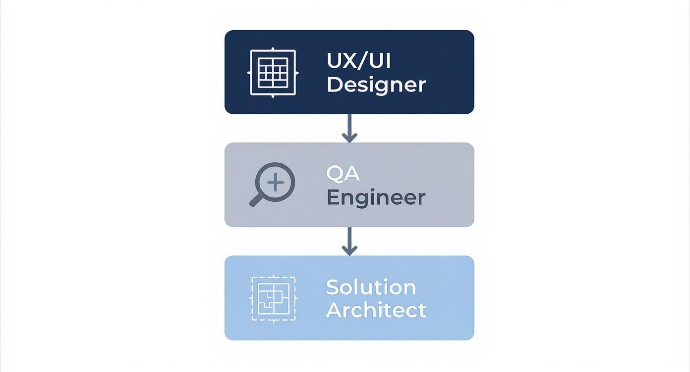 A flowchart illustrating the sequence of roles: UX/UI Designer, QA Engineer, and Solution Architect.