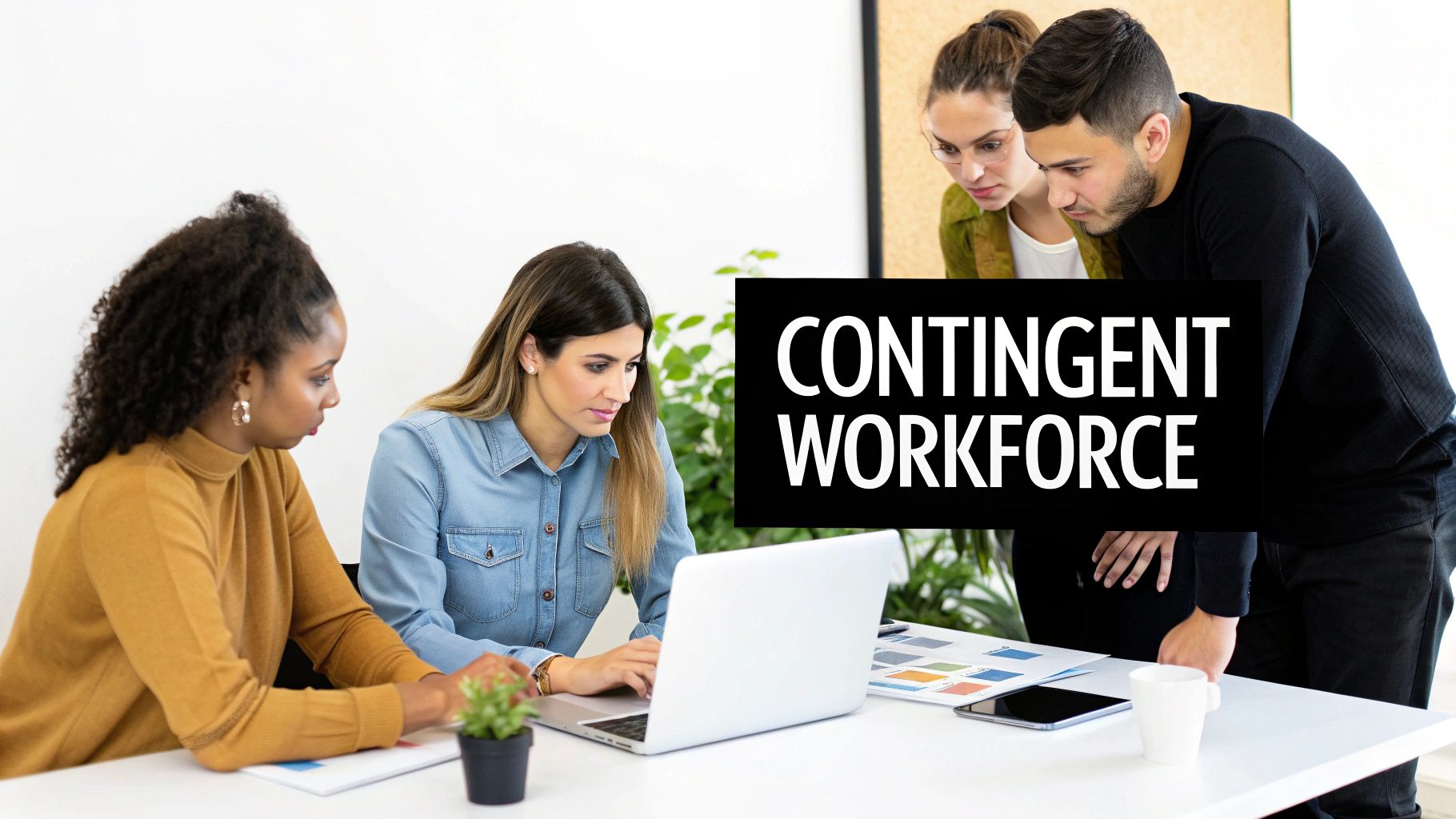 A team of professionals collaborating around a large table, symbolizing effective contingent workforce management.