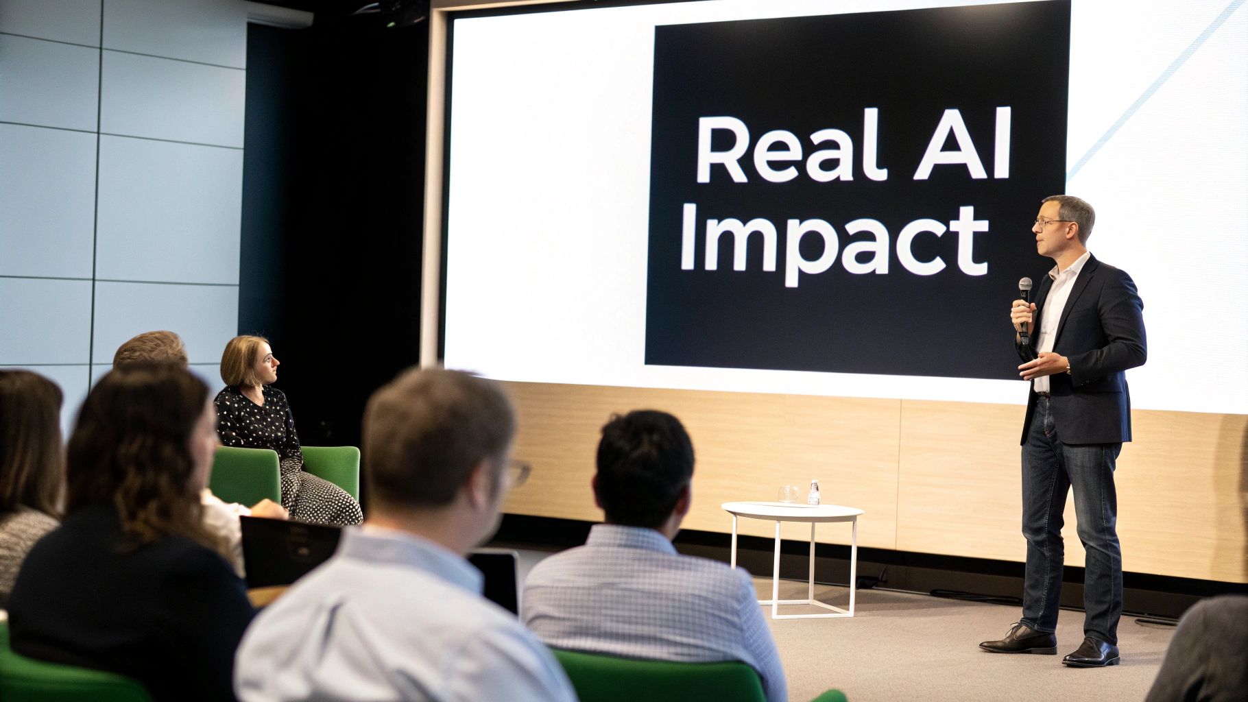 Business professional presenting AI implementation strategy to corporate audience at company conference