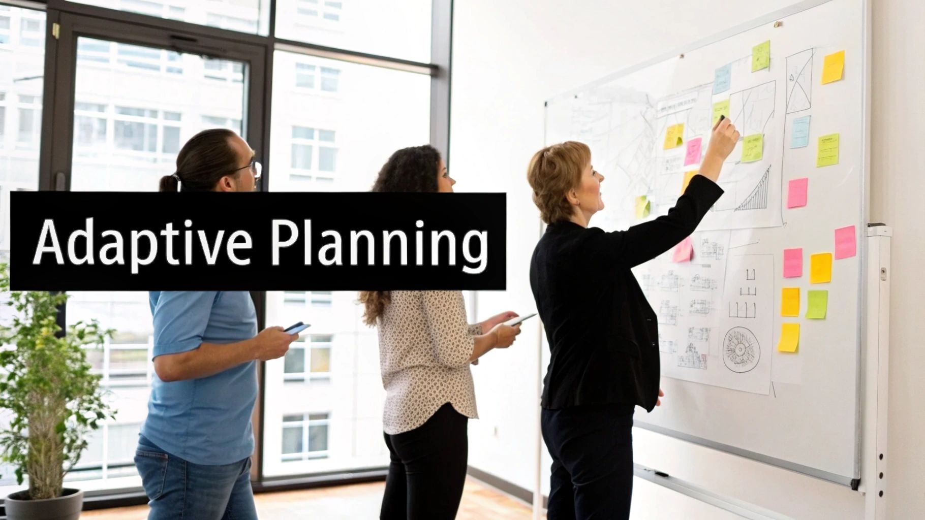 A team collaborating around a digital dashboard showing project metrics and tasks