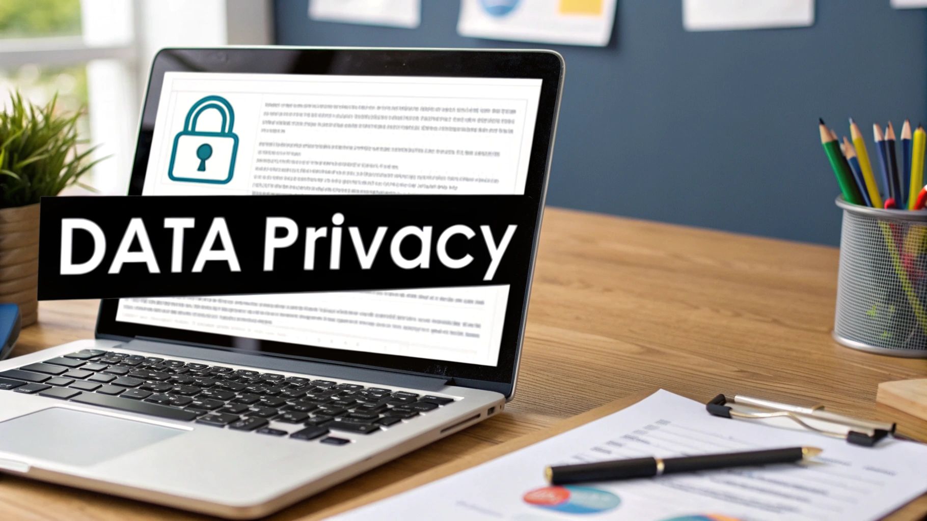 A laptop screen displaying 'DATA Privacy' text and a lock icon, symbolizing data protection.