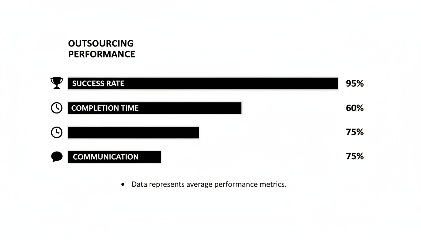 A chart displaying outsourcing performance metrics: 95% success rate, 60% completion time, and 75% communication.