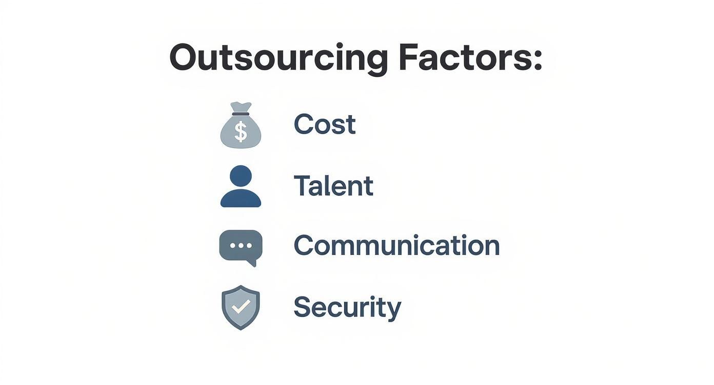 Four key outsourcing factors displayed with icons: cost, talent, communication, and security considerations
