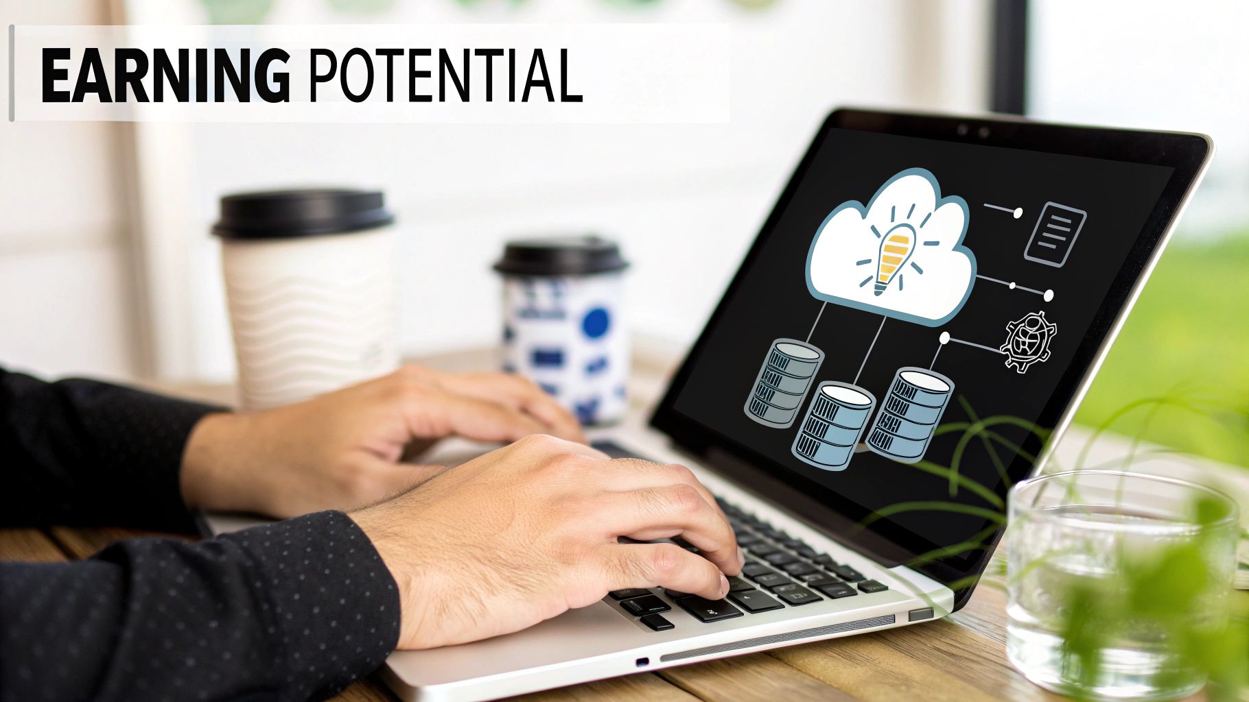 Person typing on a laptop with &#39;EARNING POTENTIAL&#39; text, displaying cloud and data icons.
