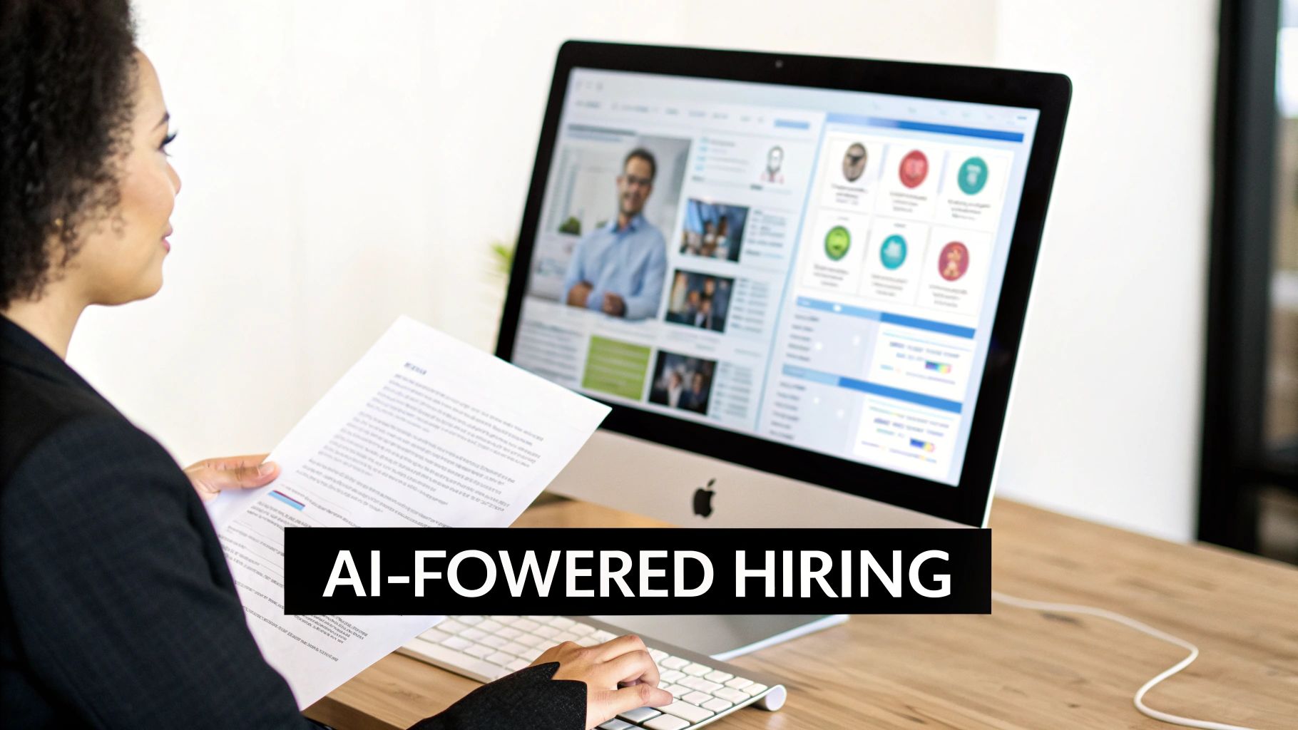 A woman reviews a document and a computer screen displaying an AI-powered hiring platform.