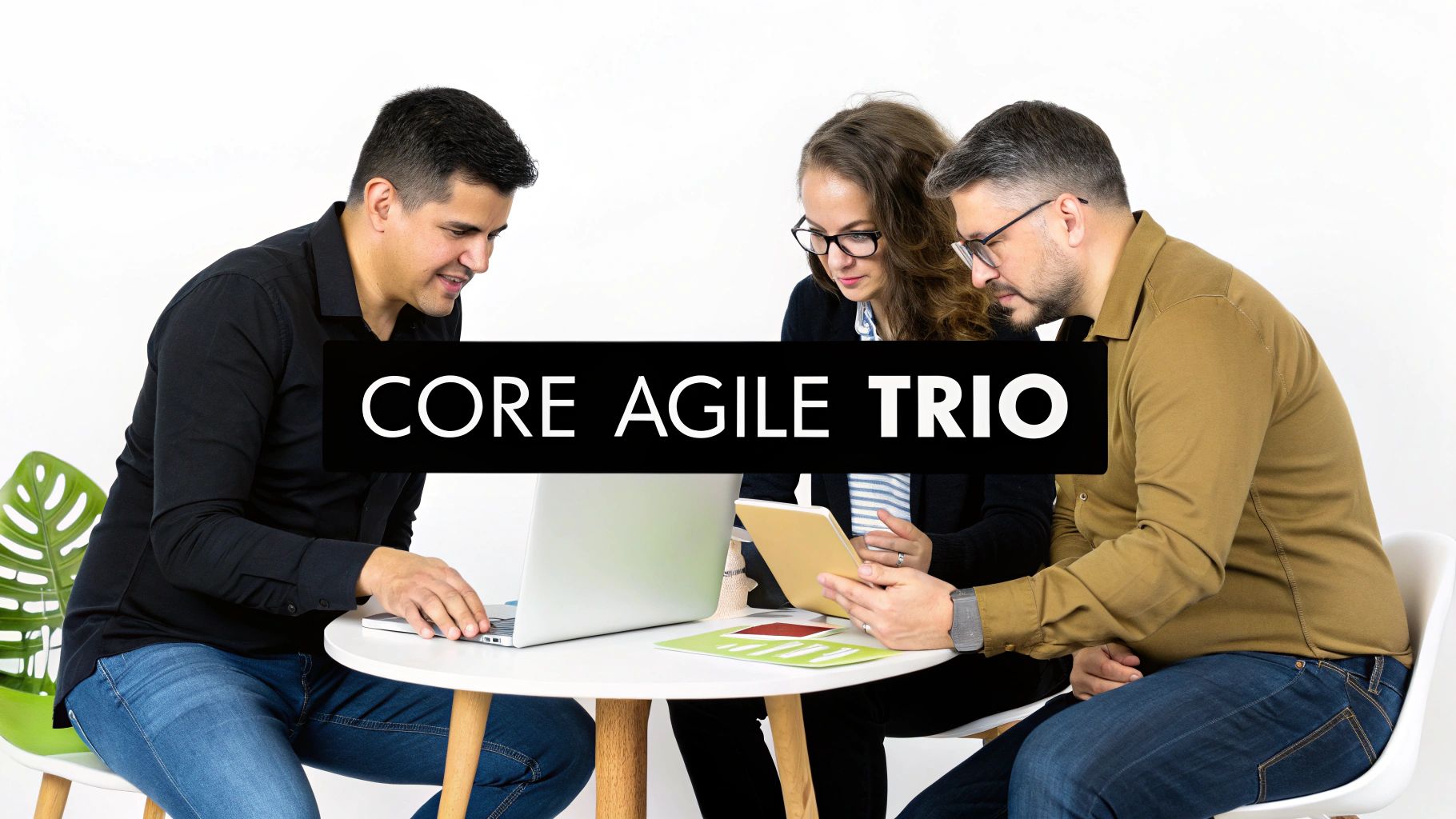 Three professionals, two men and one woman, collaborate around a table with a laptop and tablet, representing an agile team.