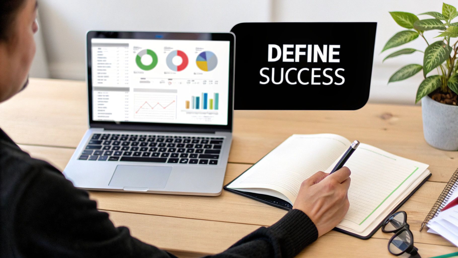 A person views a laptop displaying business analytics, taking notes in a planner, with 'DEFINE SUCCESS' text.