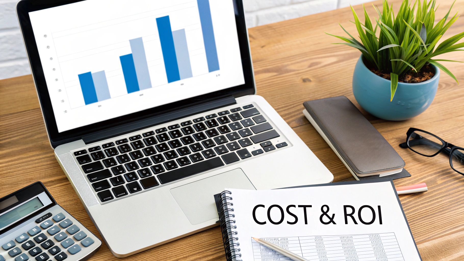 A workspace with a laptop showing a bar chart, calculator, notebook, plant, and glasses.