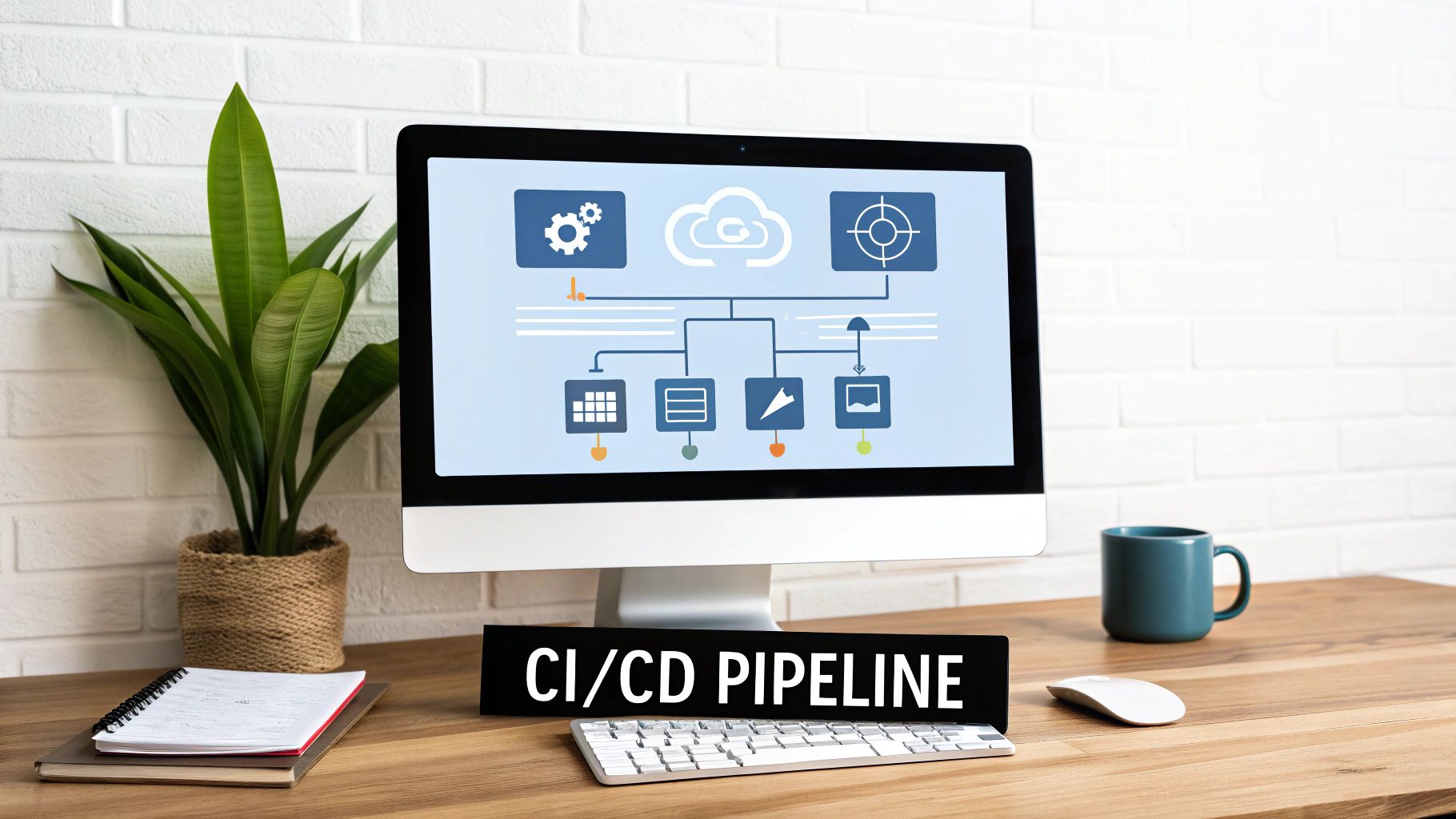 A computer monitor displays a CI/CD pipeline diagram, with a 'CI/CD PIPELINE' sign on the desk.
