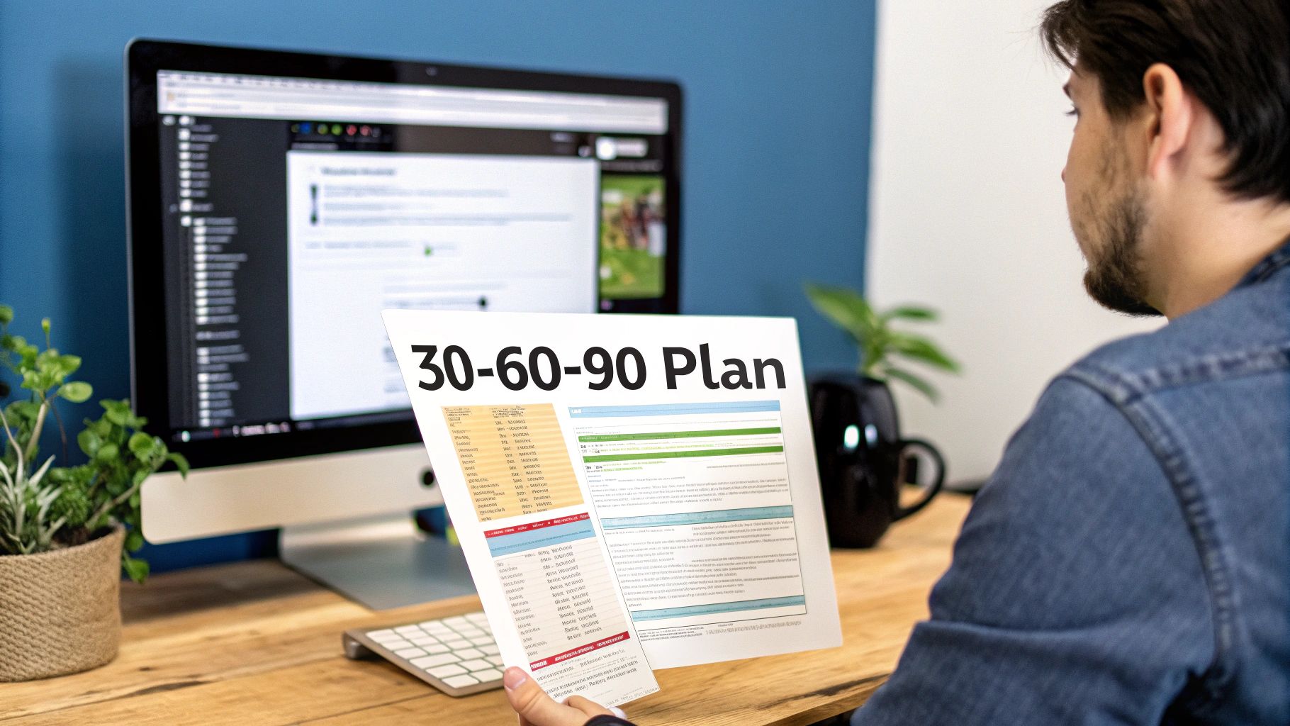 A team collaborating around a computer, symbolizing the onboarding of a new developer.