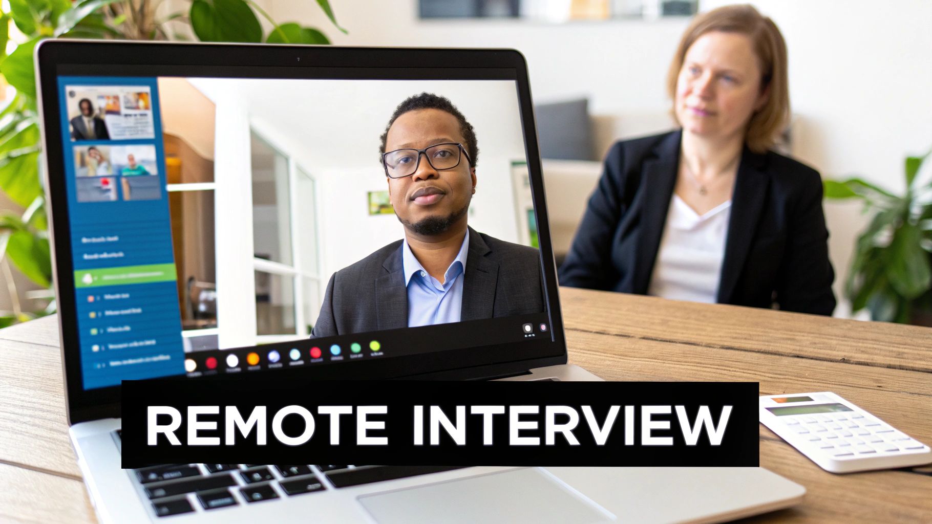 A laptop displays a man on a remote video interview, with a woman observing in the background.