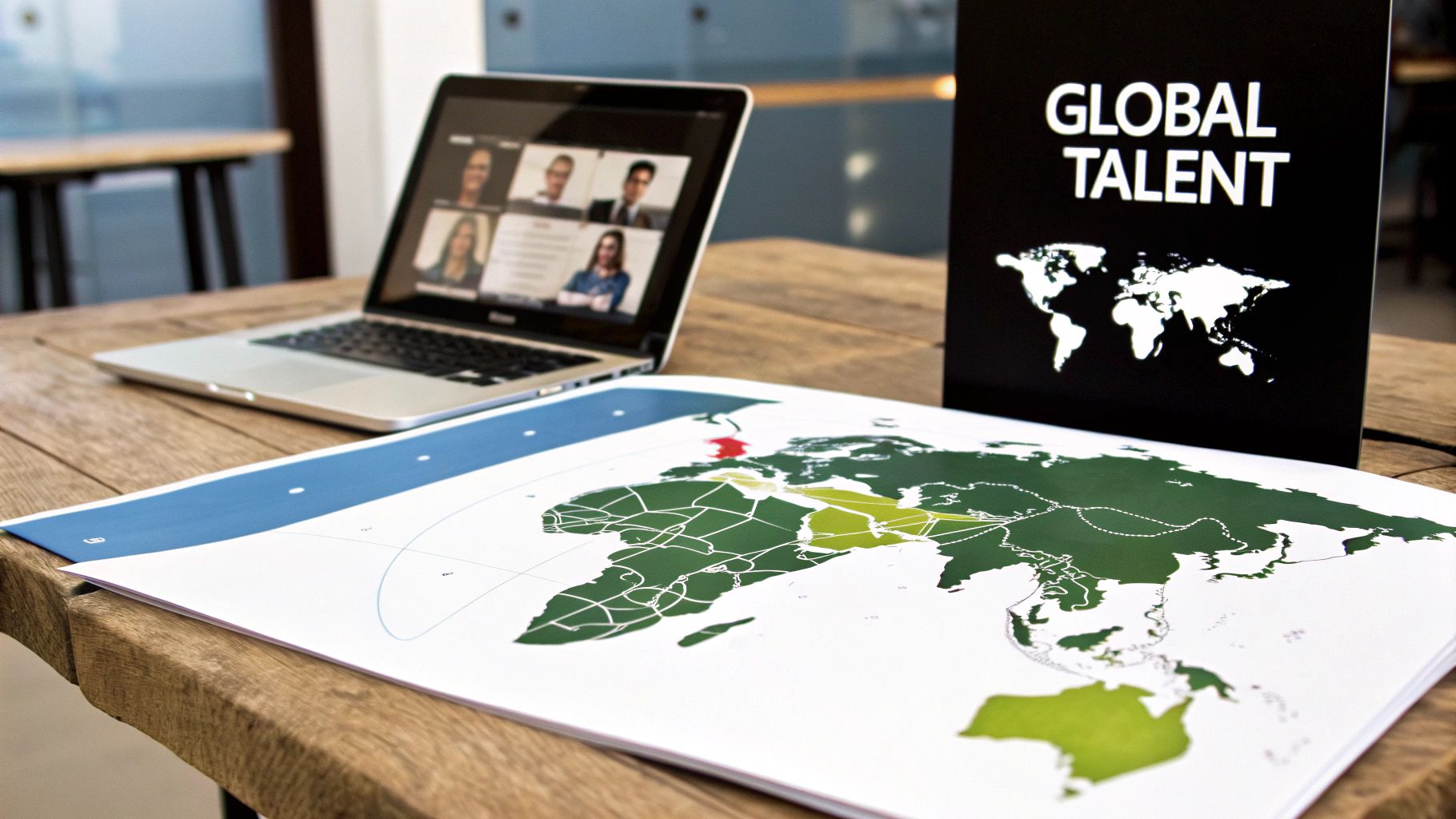 A world map with interconnected nodes, symbolizing a global network of talent.