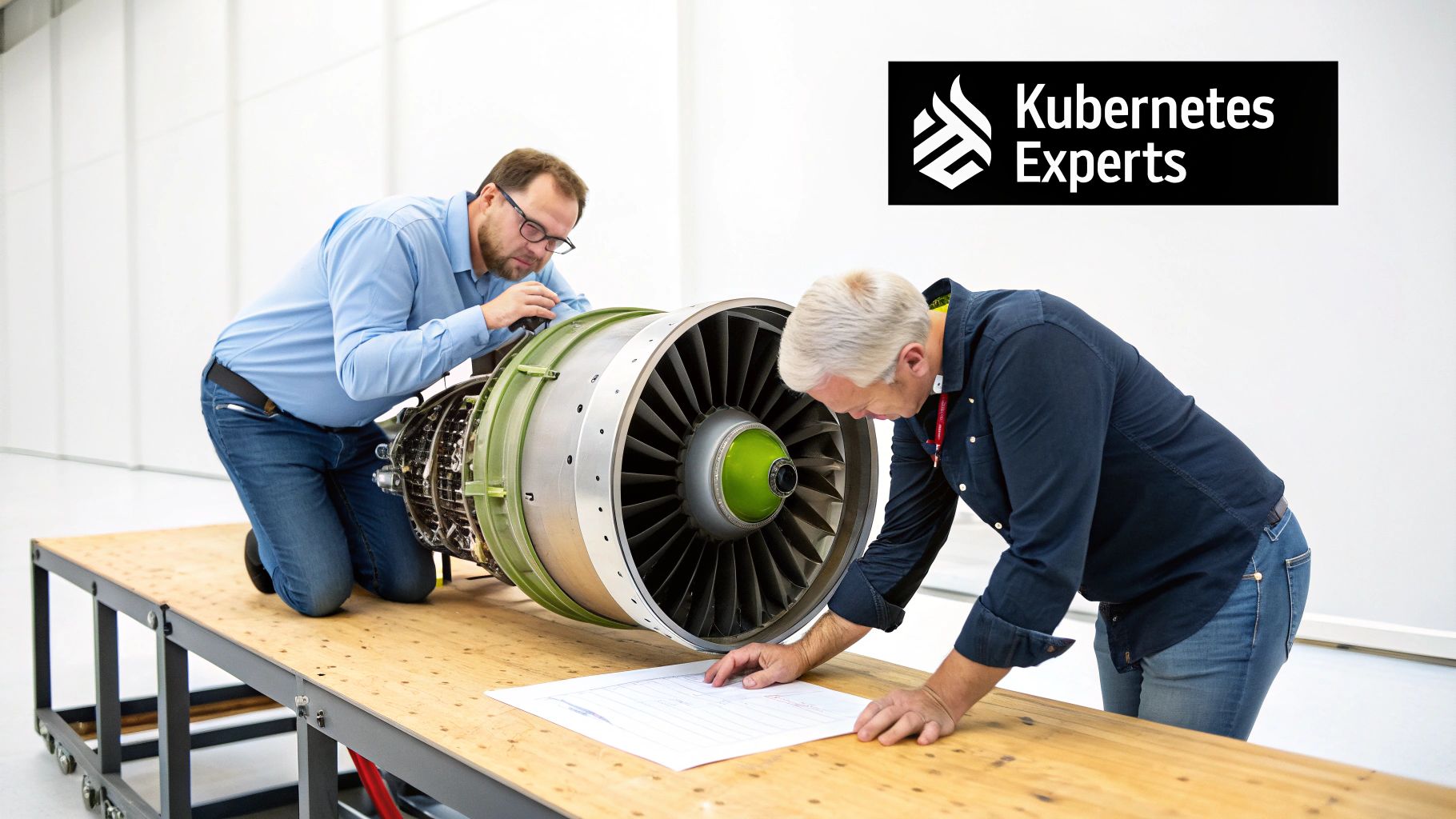 Two technical experts meticulously examining a jet engine on a workbench, symbolizing detailed problem-solving.