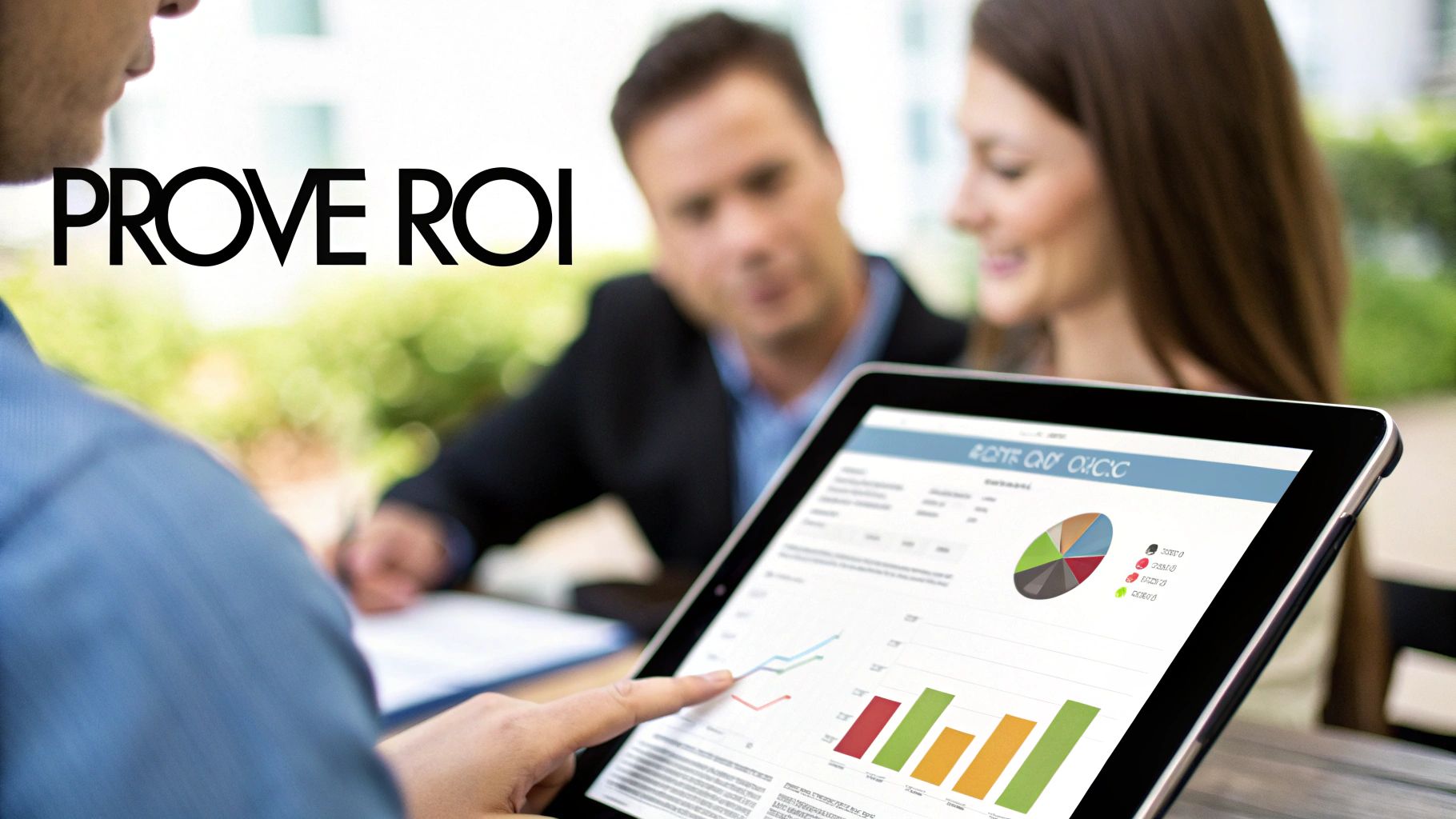 Business professionals reviewing ROI analytics dashboard with colorful charts and graphs on tablet device