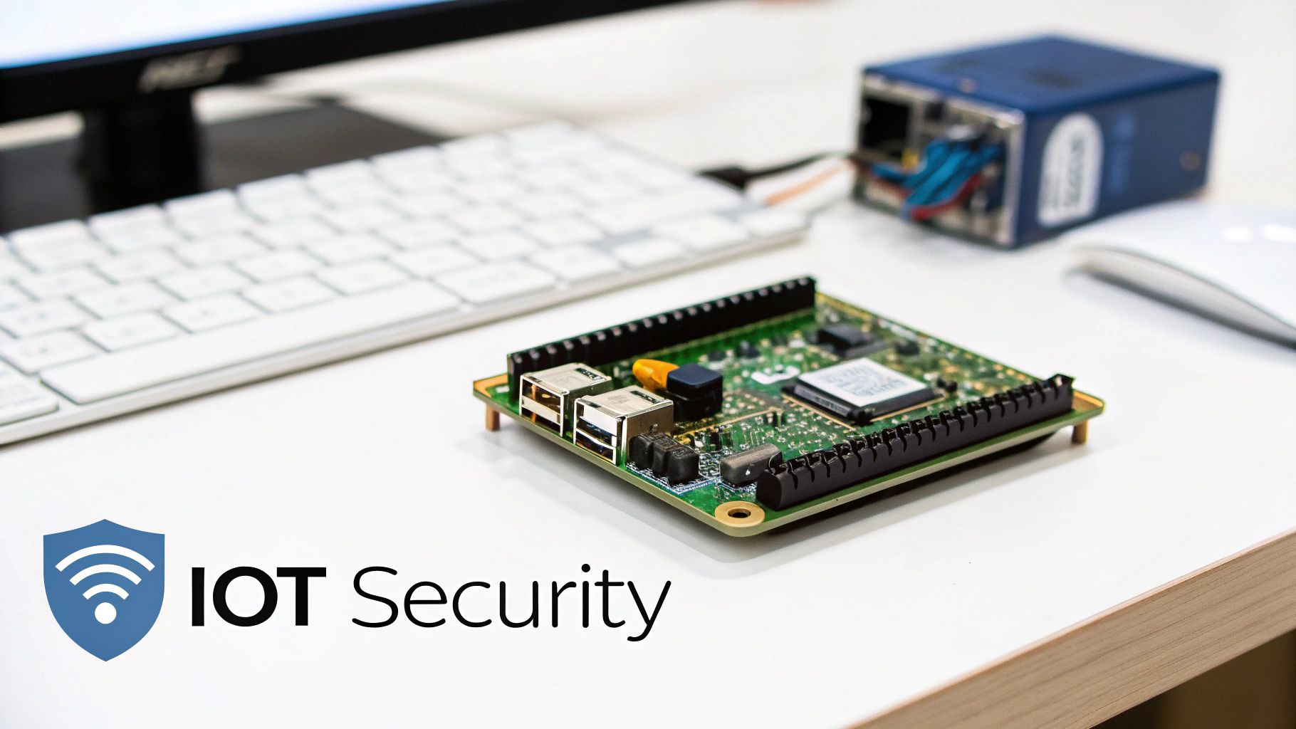 A desk setup featuring an IoT development board, keyboard, monitor, mouse, and a 'IOT Security' logo.