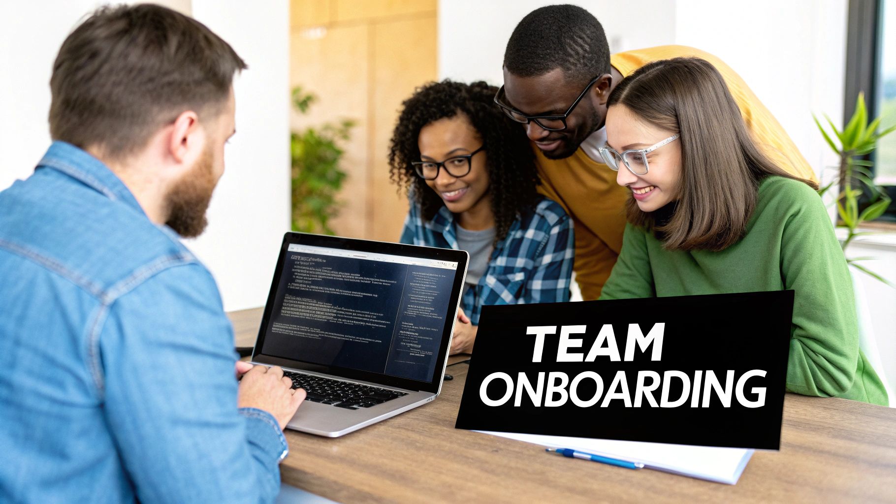 Four diverse colleagues gather around a laptop, actively participating in team onboarding.
