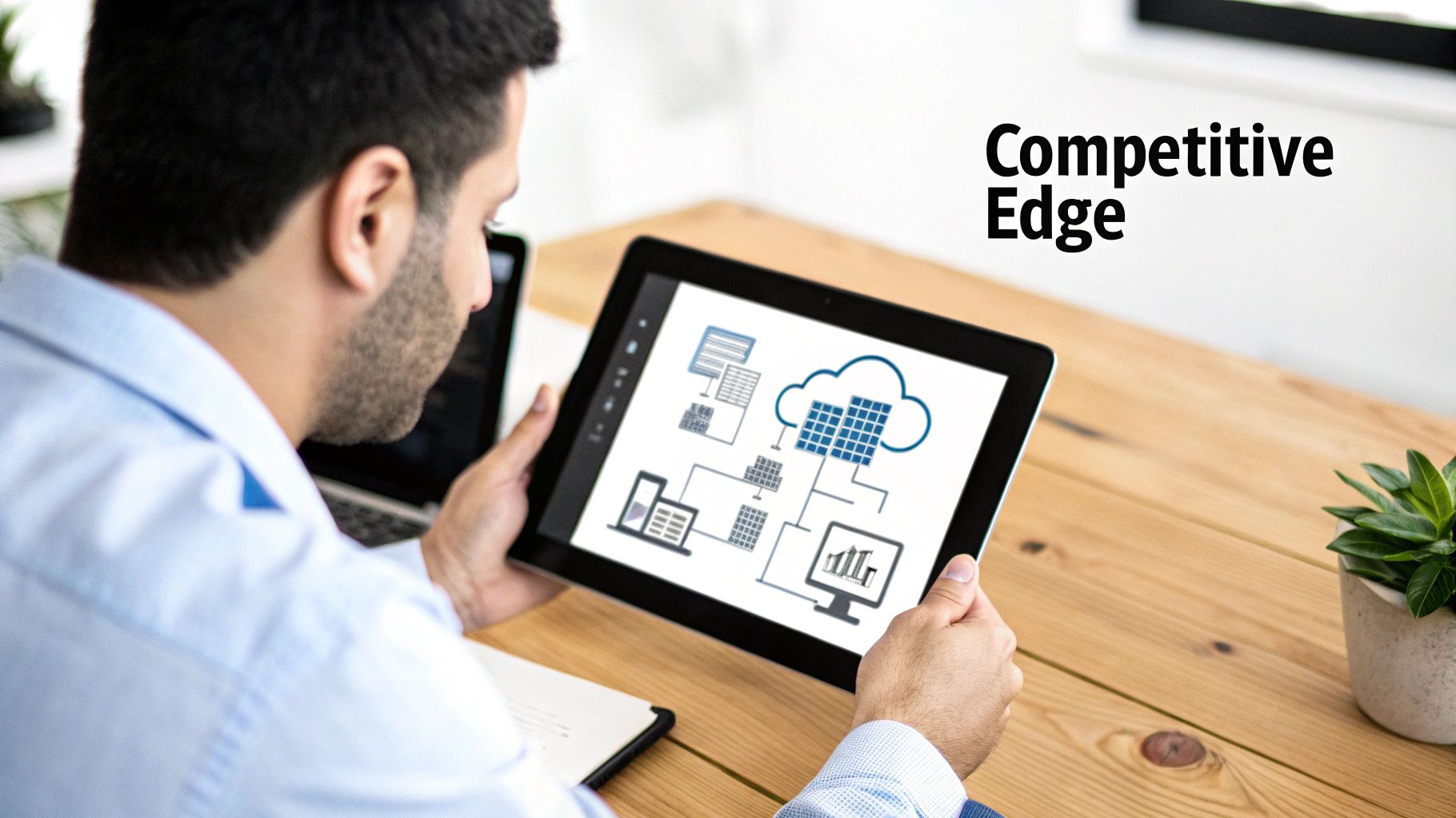 A man reviews a cloud computing and solar panel diagram on a tablet, gaining a competitive edge.