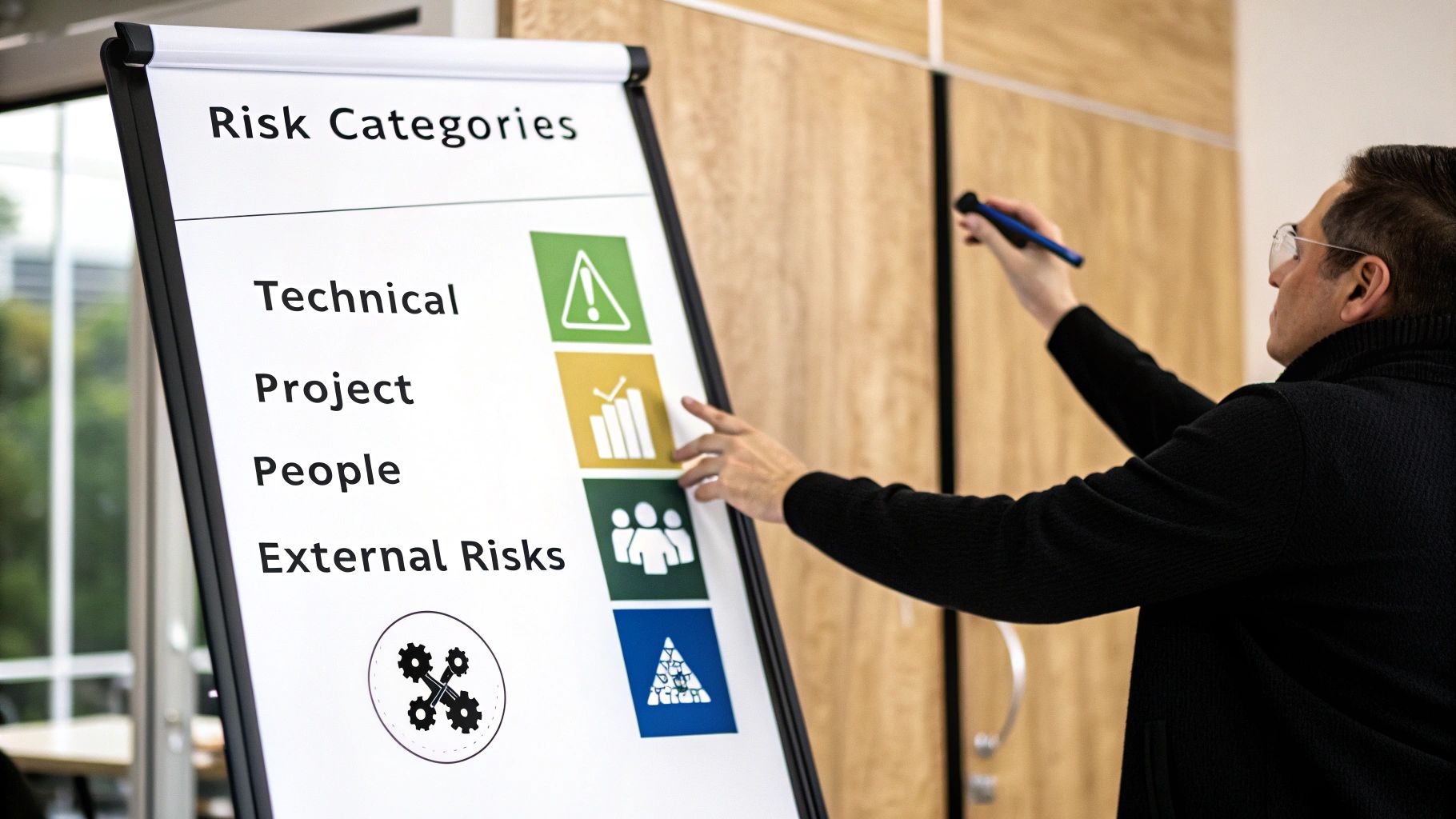 A person points at a whiteboard displaying 'Risk Categories': Technical, Project, People, and External Risks, each with an icon.