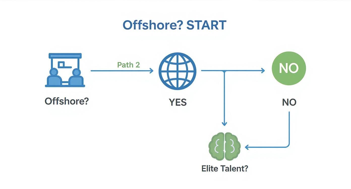 Decision flowchart showing offshore hiring process with paths for global talent versus elite talent evaluation