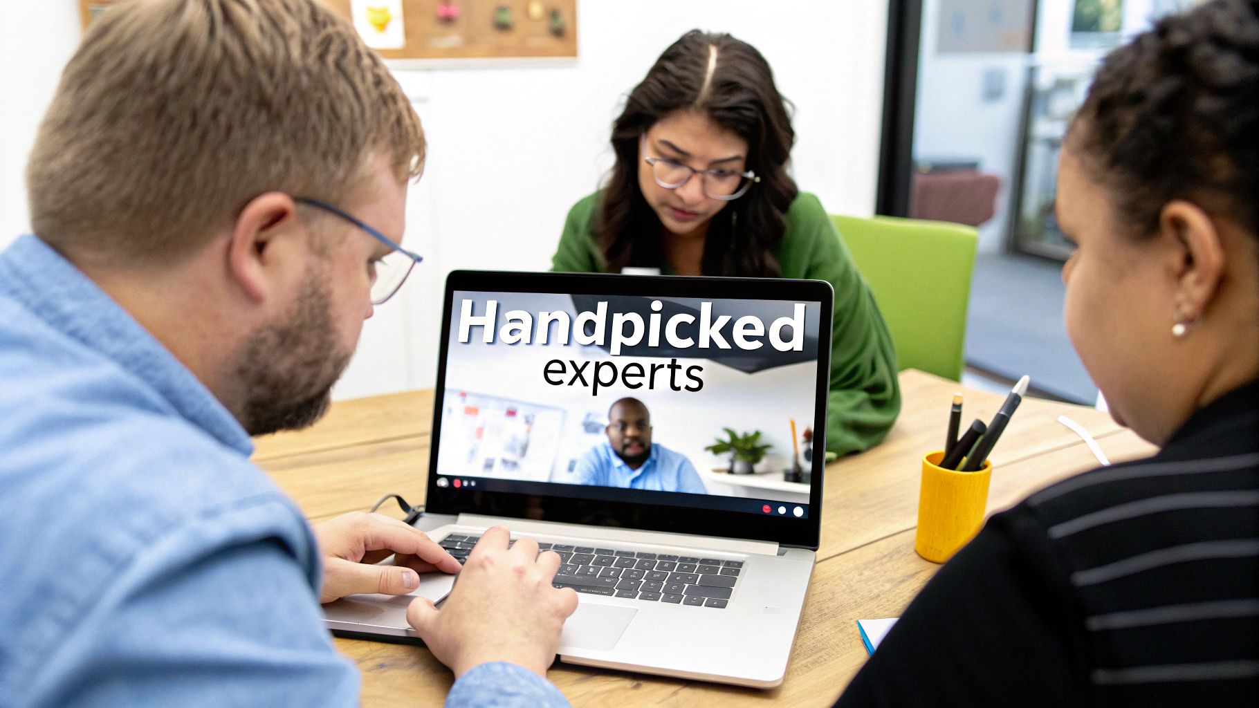 A team of tech professionals working together on a project