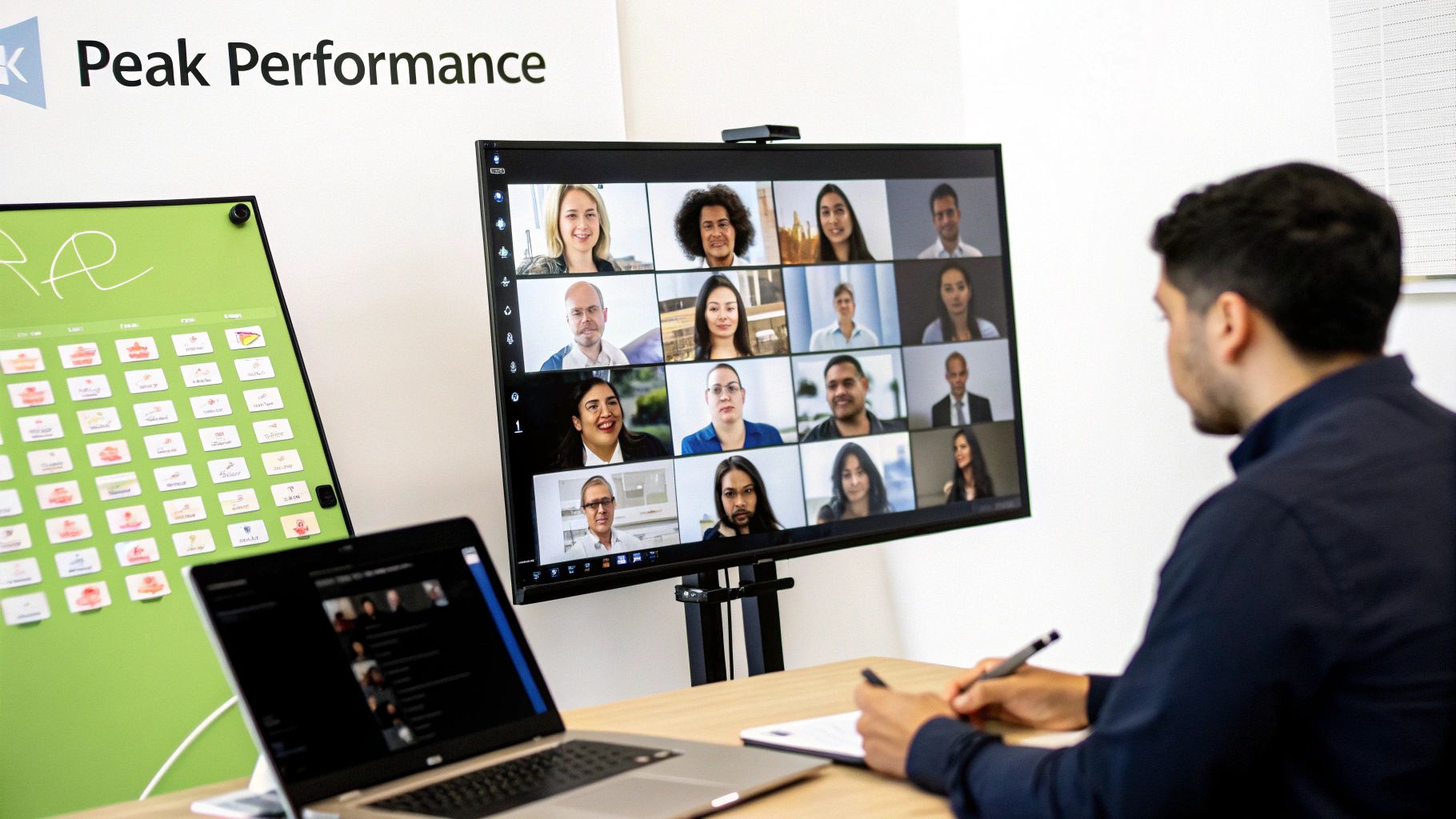 A person taking notes at a desk while attending an online video conference meeting.