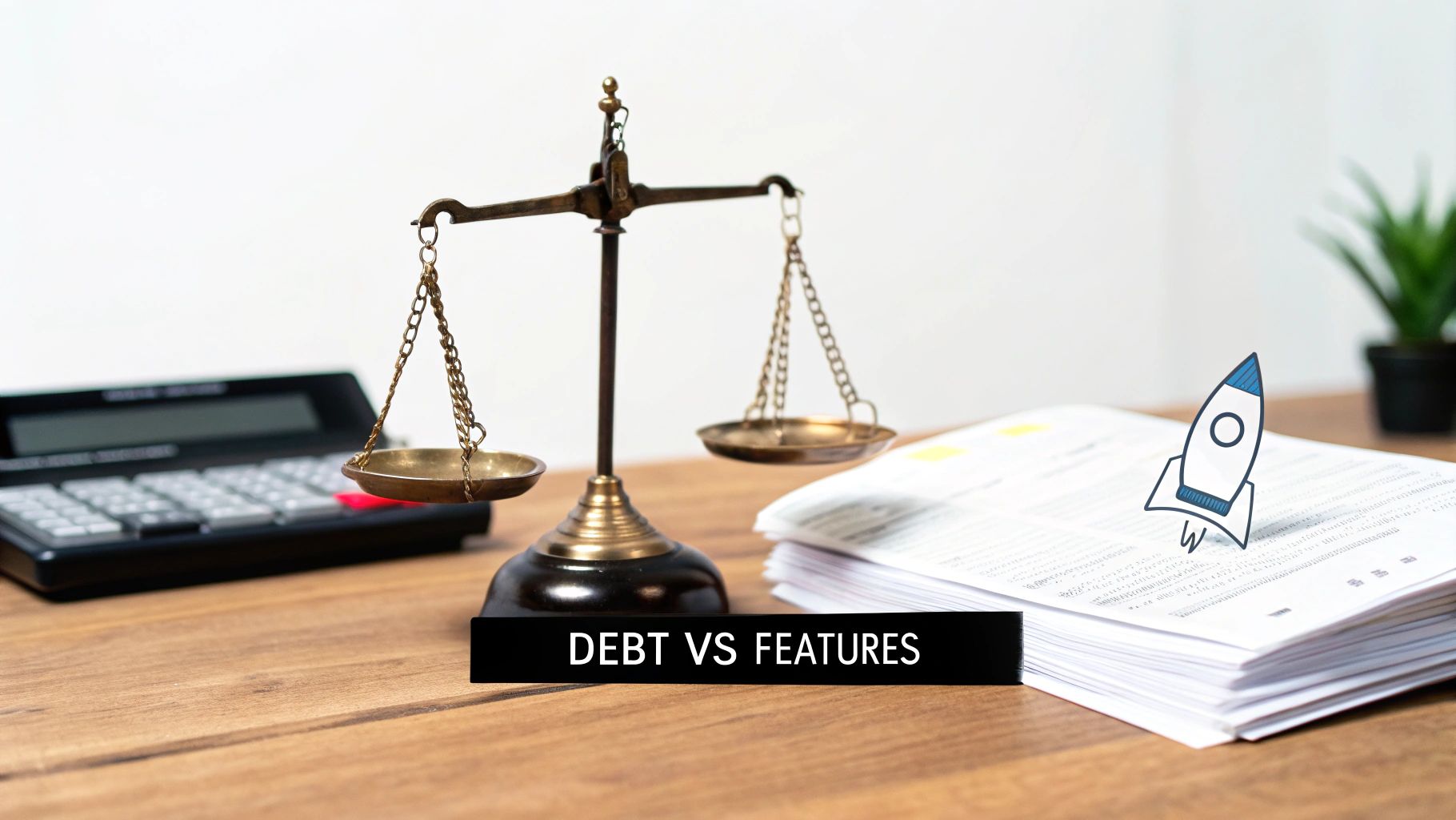 A desk with a balance scale weighing 'DEBT VS FEATURES', next to a calculator and a rocket on papers.