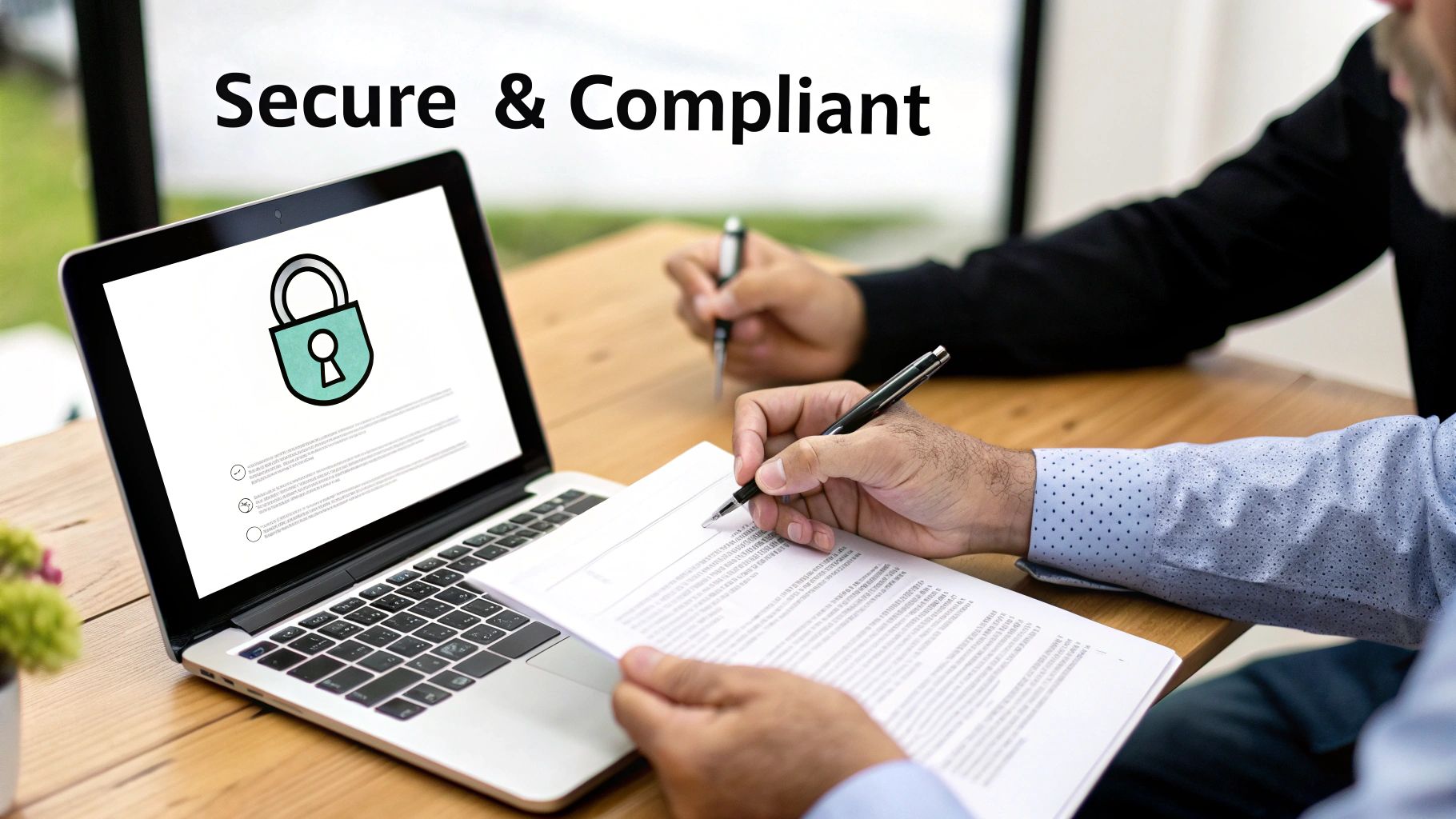 Two people in a meeting, one signing a document, with a laptop showing a security padlock, promoting 'Secure &amp; Compliant'.